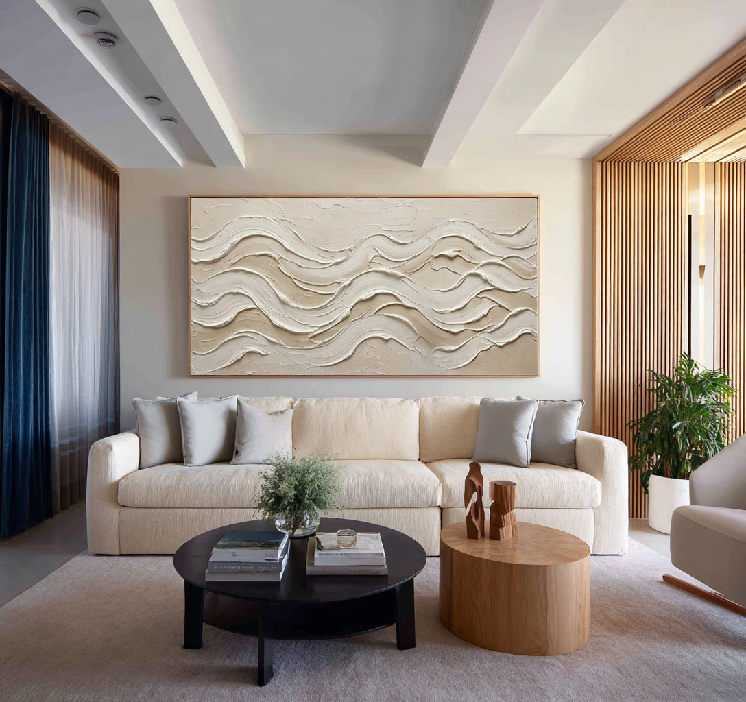 Large Neutral Textured Wall Art Modern Beige Wave Canvas Painting | KeiraArt 