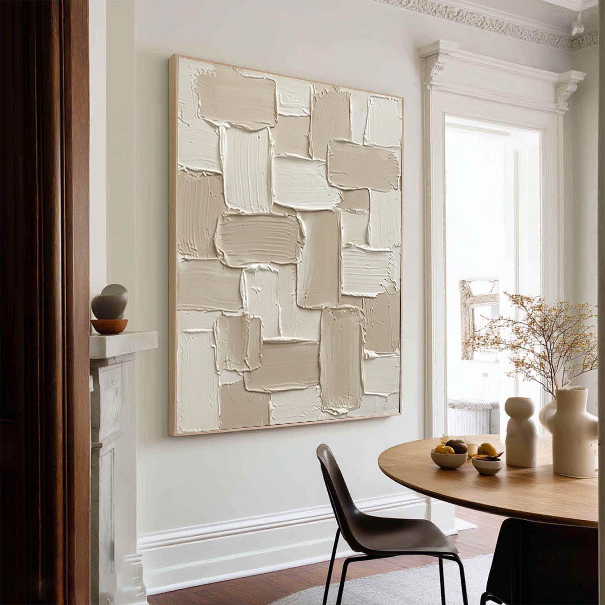 Large Handcrafted Cream Texture Canvas Art with Minimalist Geometric Design
