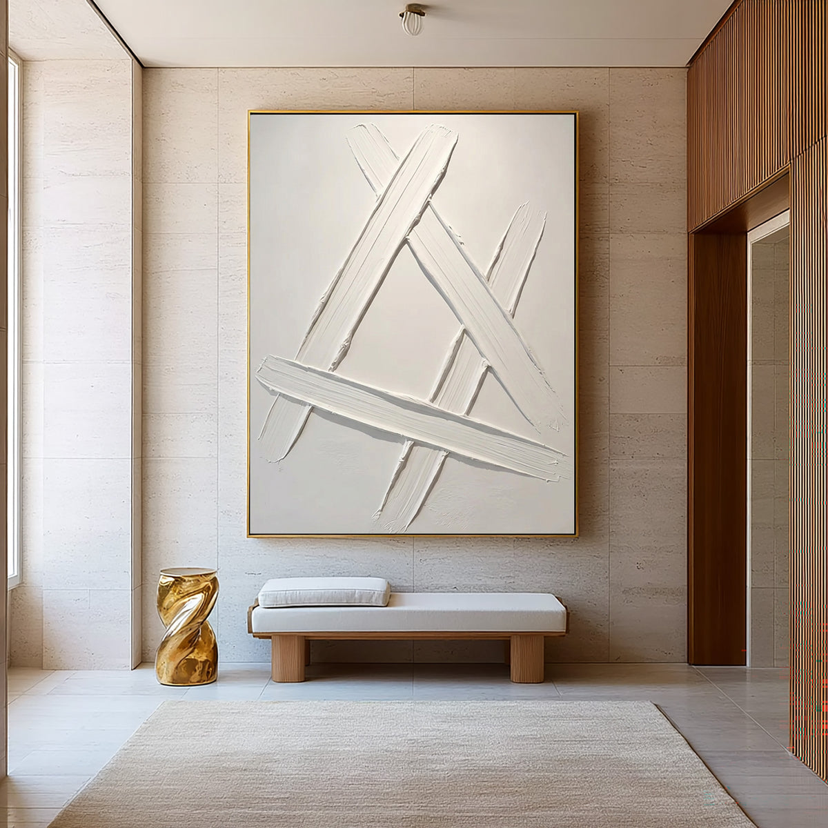 Architectural Lines Sculptural White Abstract Artwork Handmade Textured Geometric Painting Contemporary Wall Decor