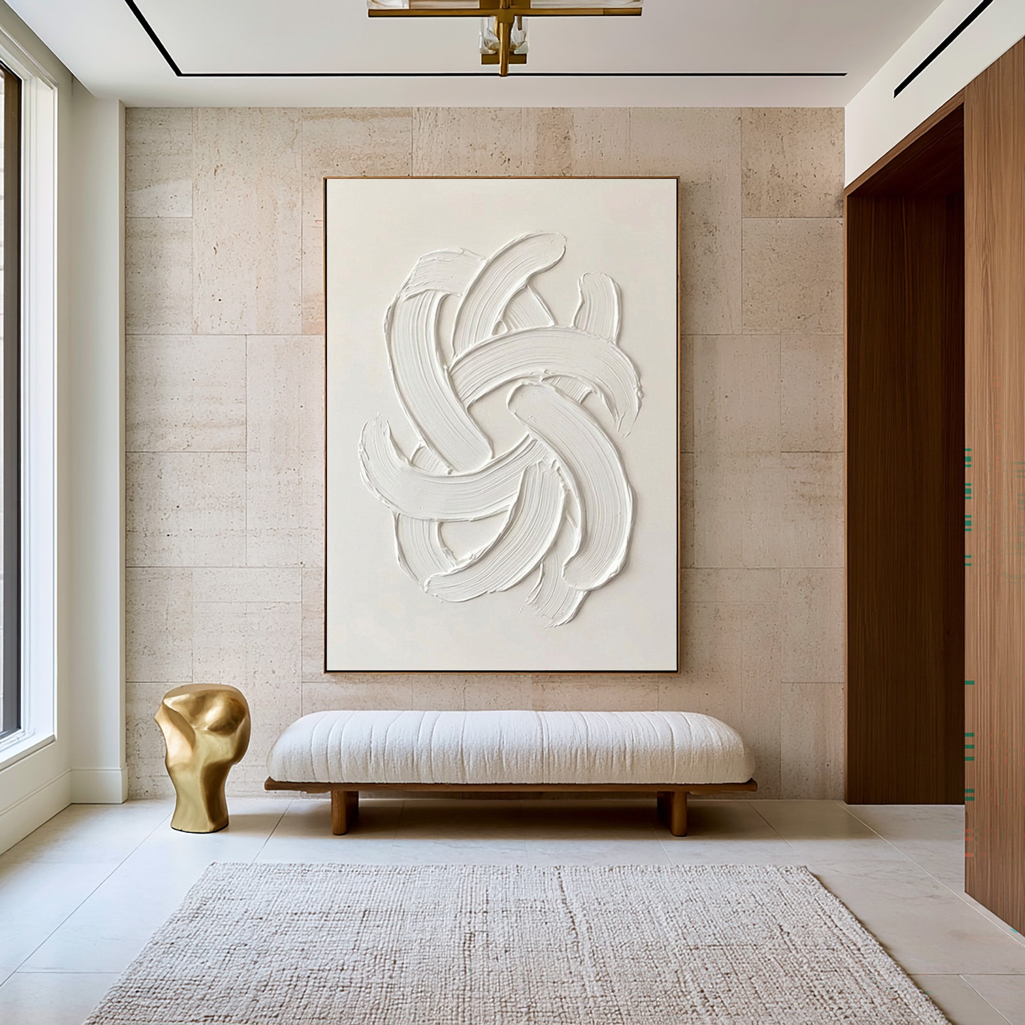 Large Contemporary White Wall Art Textured Oil Painting Minimalist Abstract Sculpture Modern Neutral Home Decor
