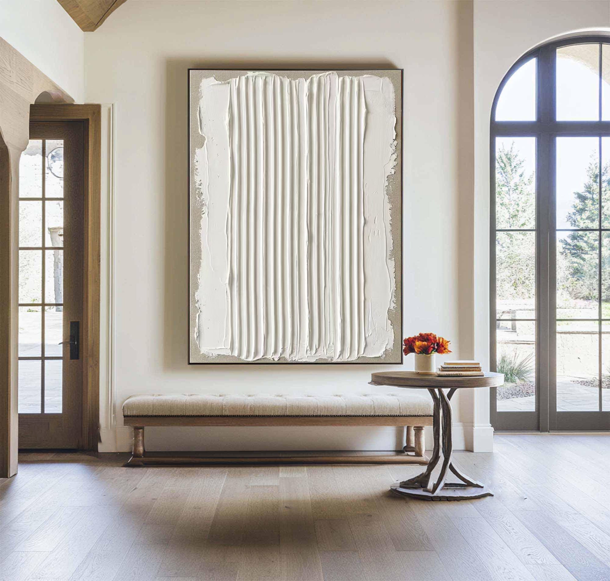 Large Neutral Oil Painting with Vertical Plaster Texture for Contemporary Interiors