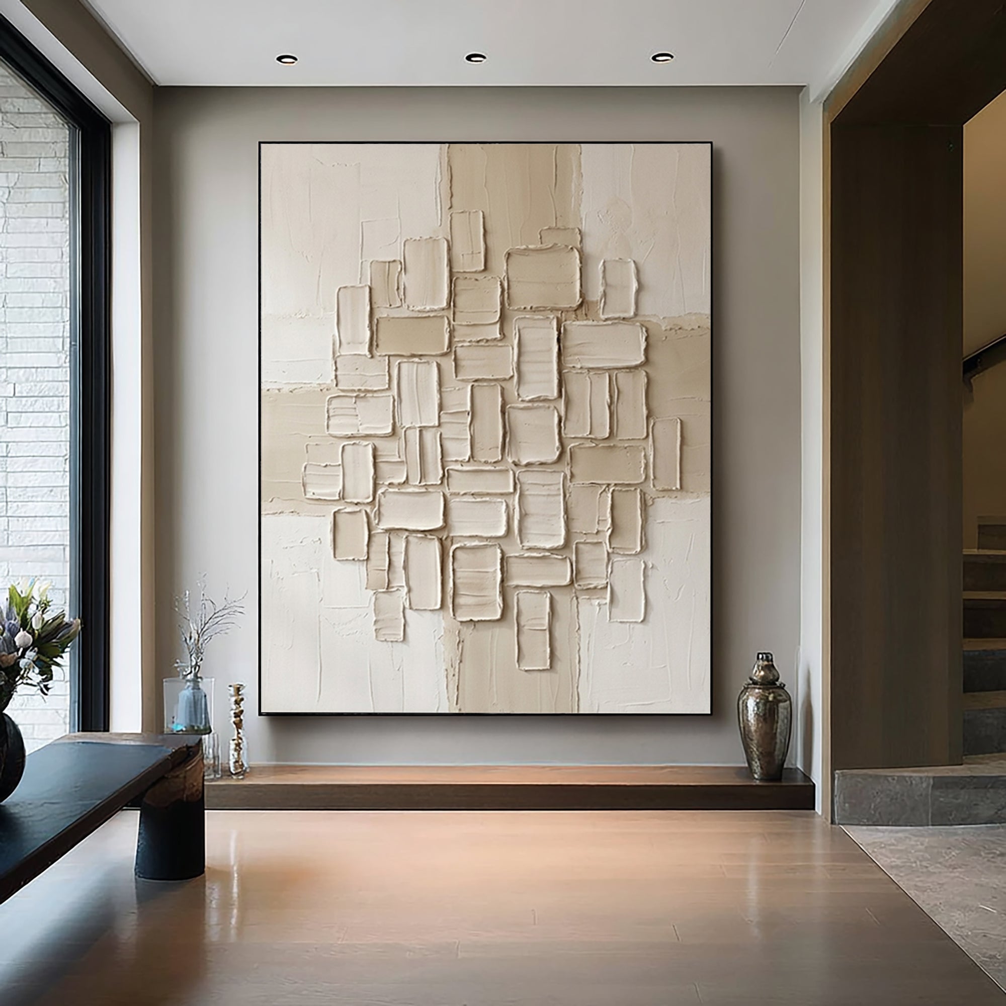 Large Hand-Painted Abstract Relief Wall Art in Ivory and Cream Tones