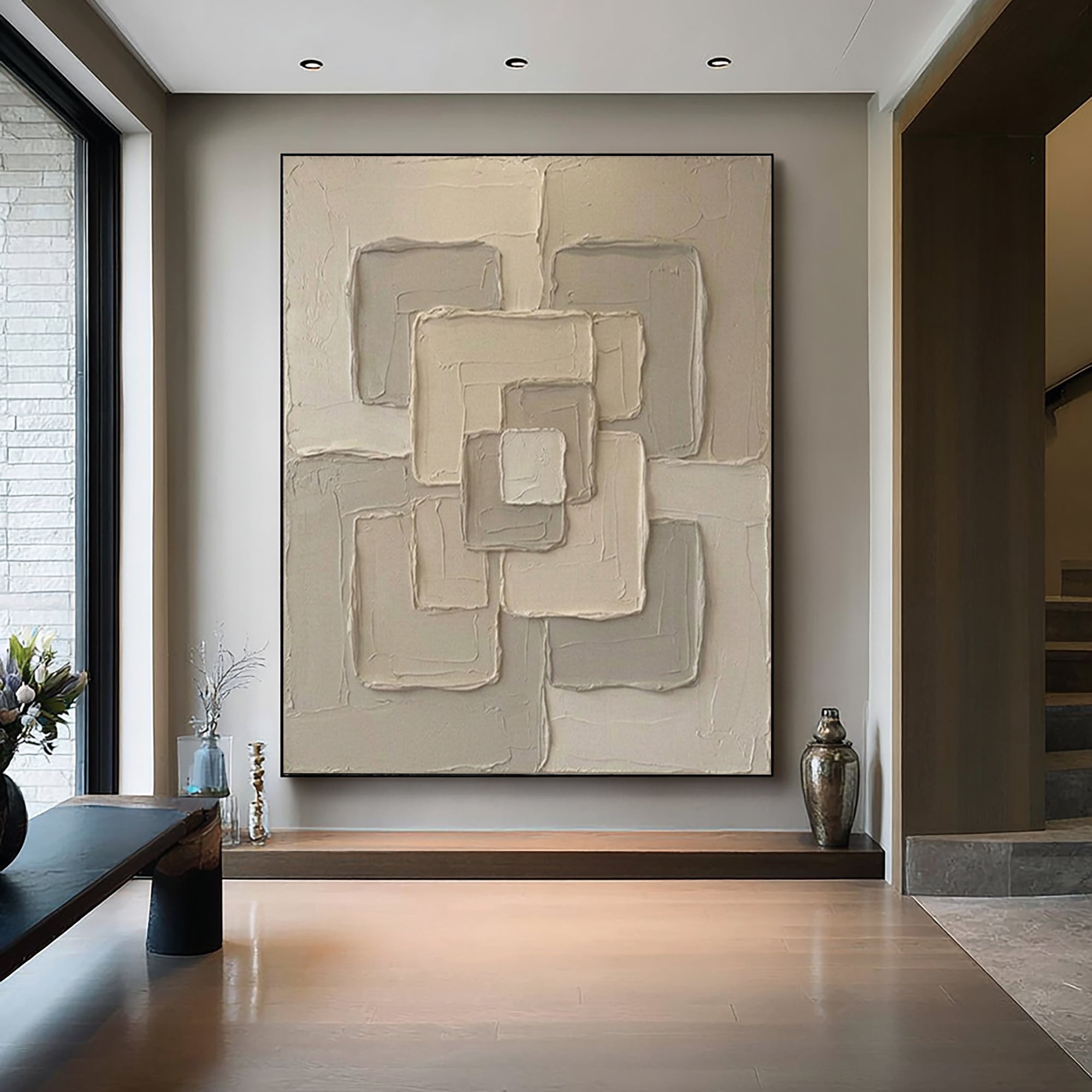 Large Beige Textured Canvas Art Modern Geometric Wall Decor 