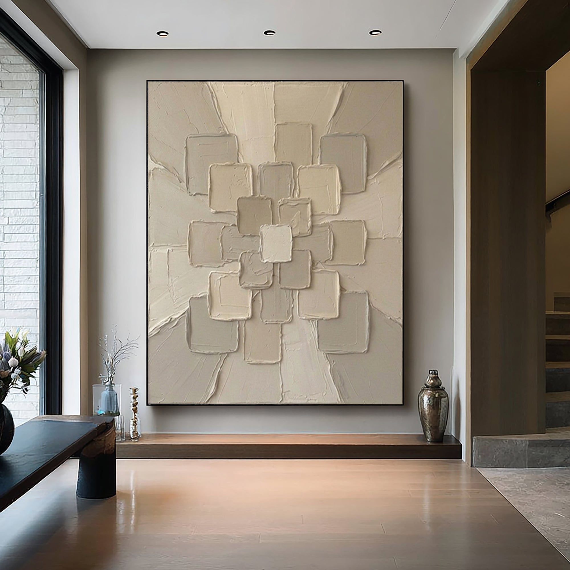 Large Beige Textured Canvas Art Contemporary Geometric Wall Decor 