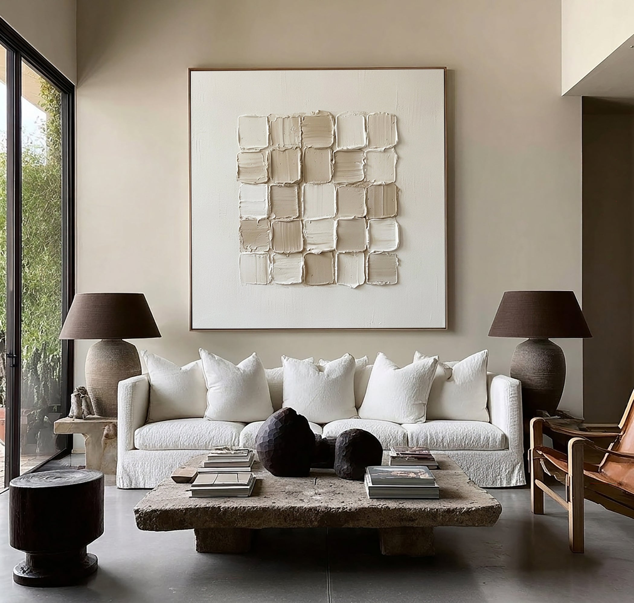 Large Architectural Grid Study Wall Art Neutral Contemporary Relief Painting 
