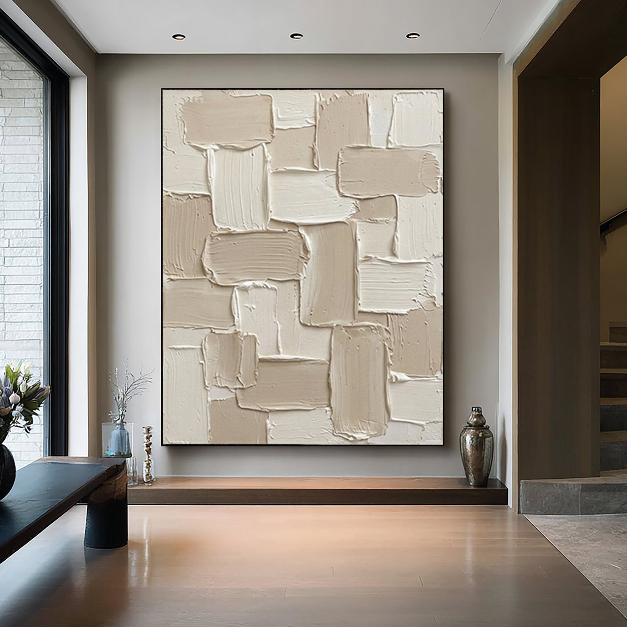 Large Handcrafted Cream Texture Canvas Art with Minimalist Geometric Design