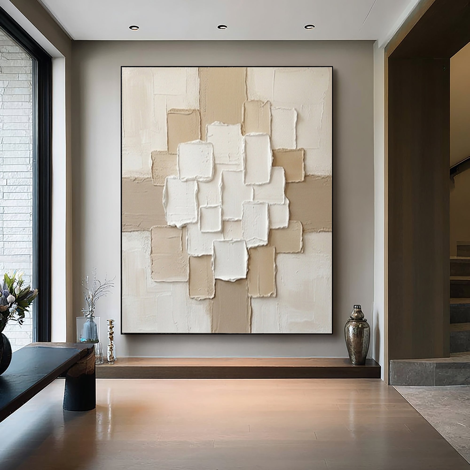 Large Beige Composition Textured Canvas Art Modern Neutral Wall Decor