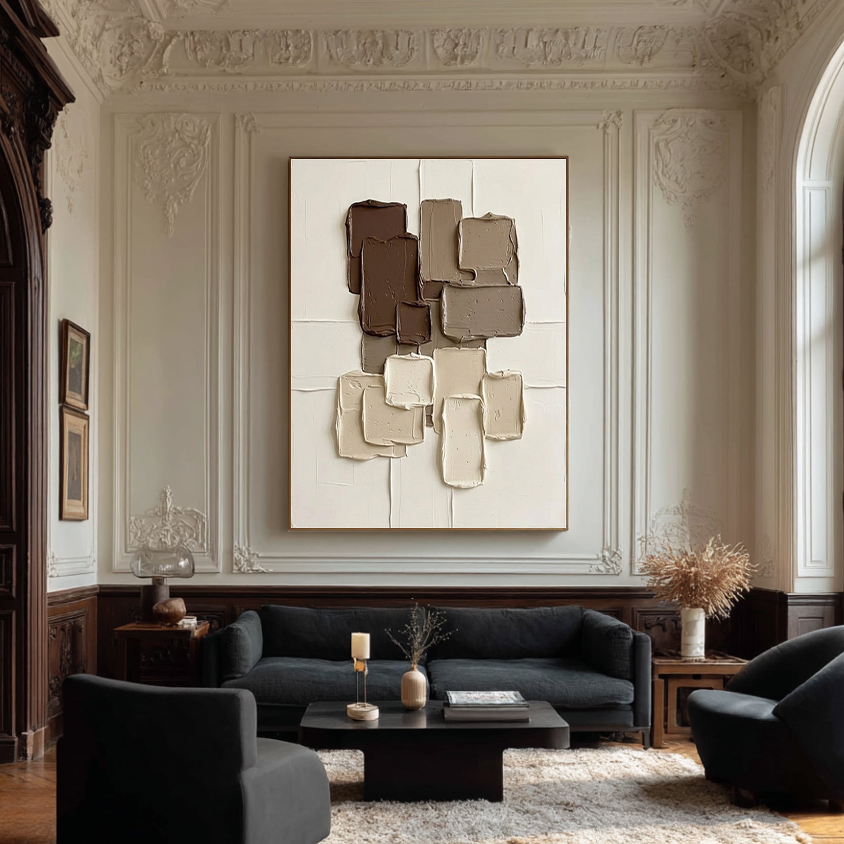 Large Coffee Brown Geometric Texture Canvas Art Contemporary Wall Decor 