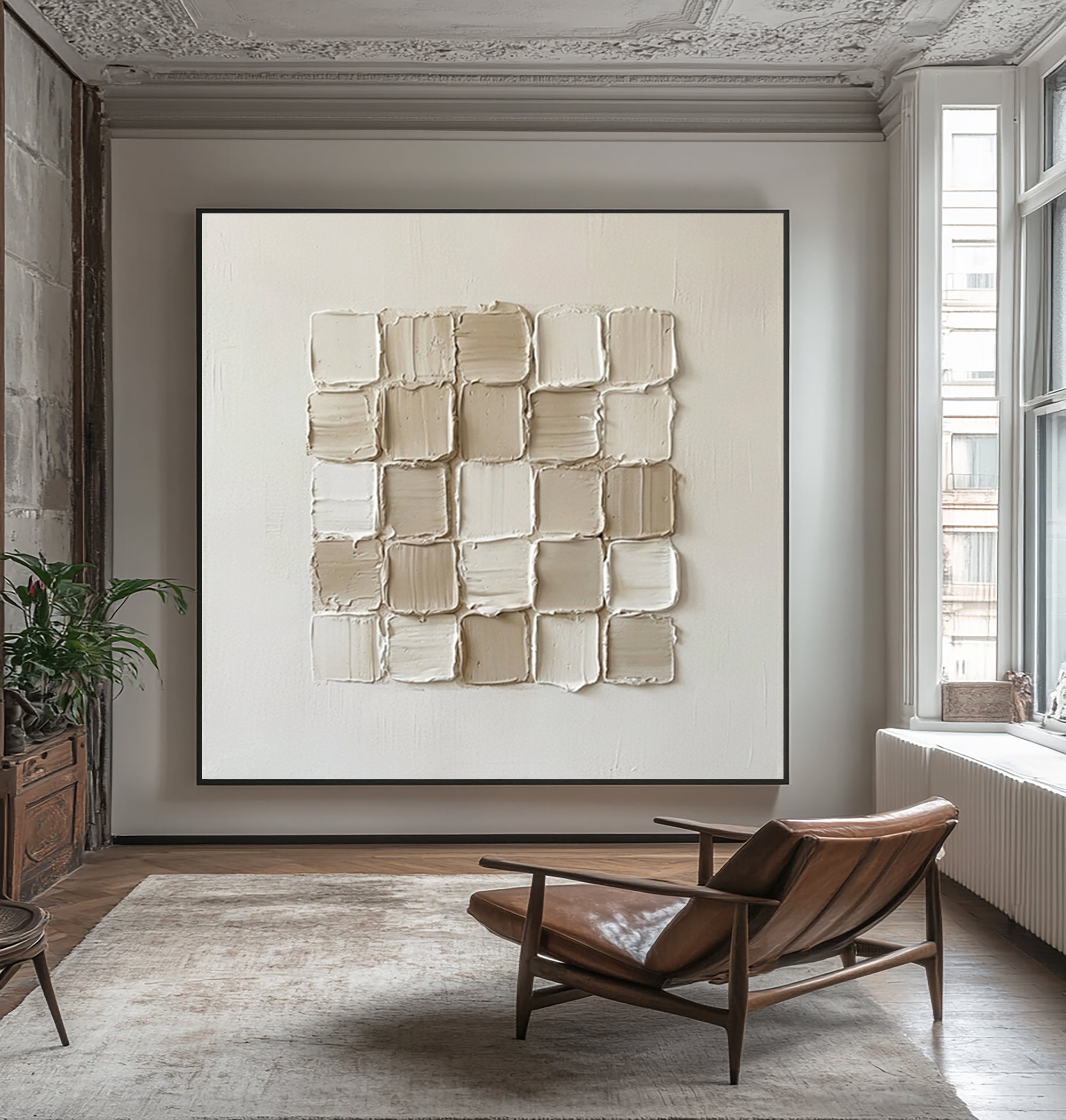 Large Architectural Grid Study Wall Art Neutral Contemporary Relief Painting 
