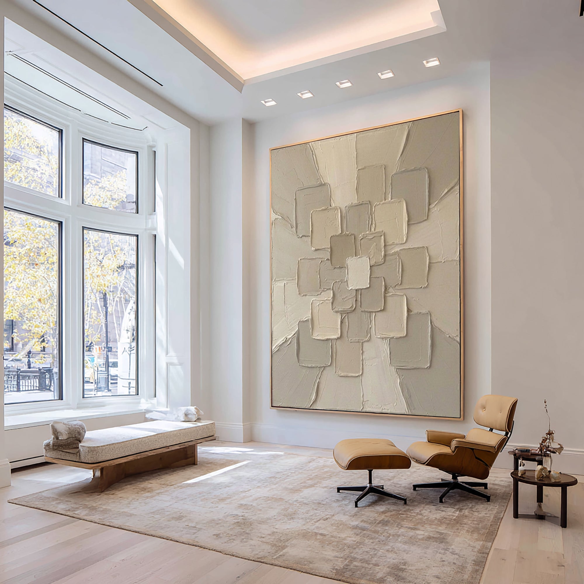 Large Beige Textured Canvas Art Contemporary Geometric Wall Decor 