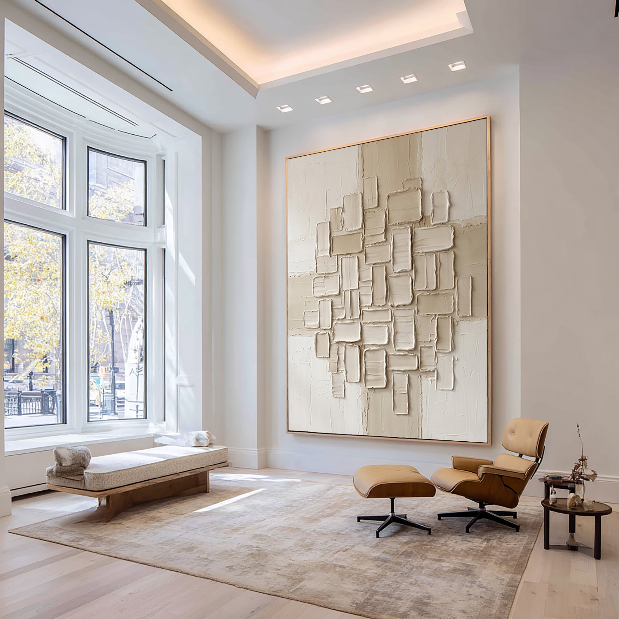 Large Hand-Painted Abstract Relief Wall Art in Ivory and Cream Tones