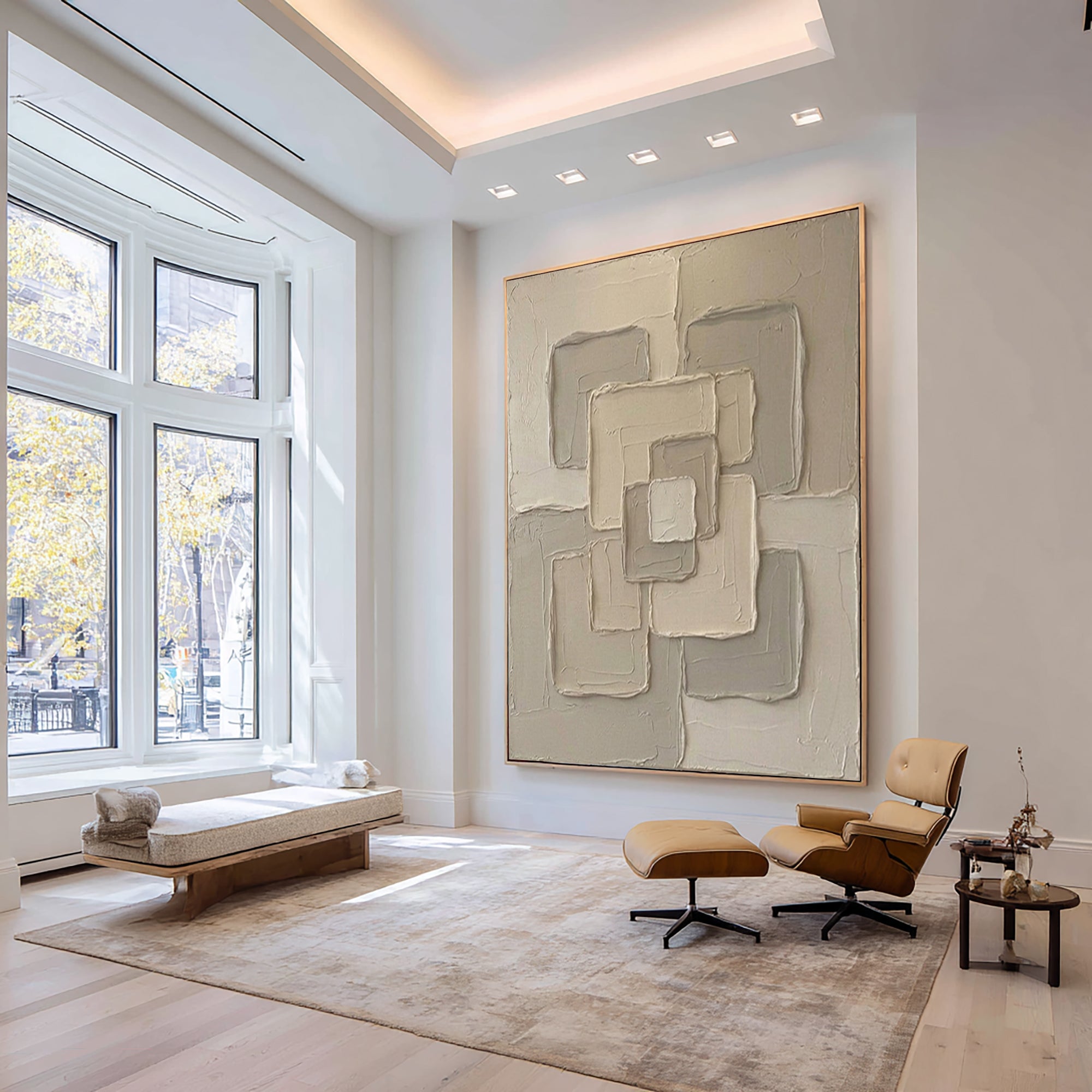 Large Beige Textured Canvas Art Modern Geometric Wall Decor 