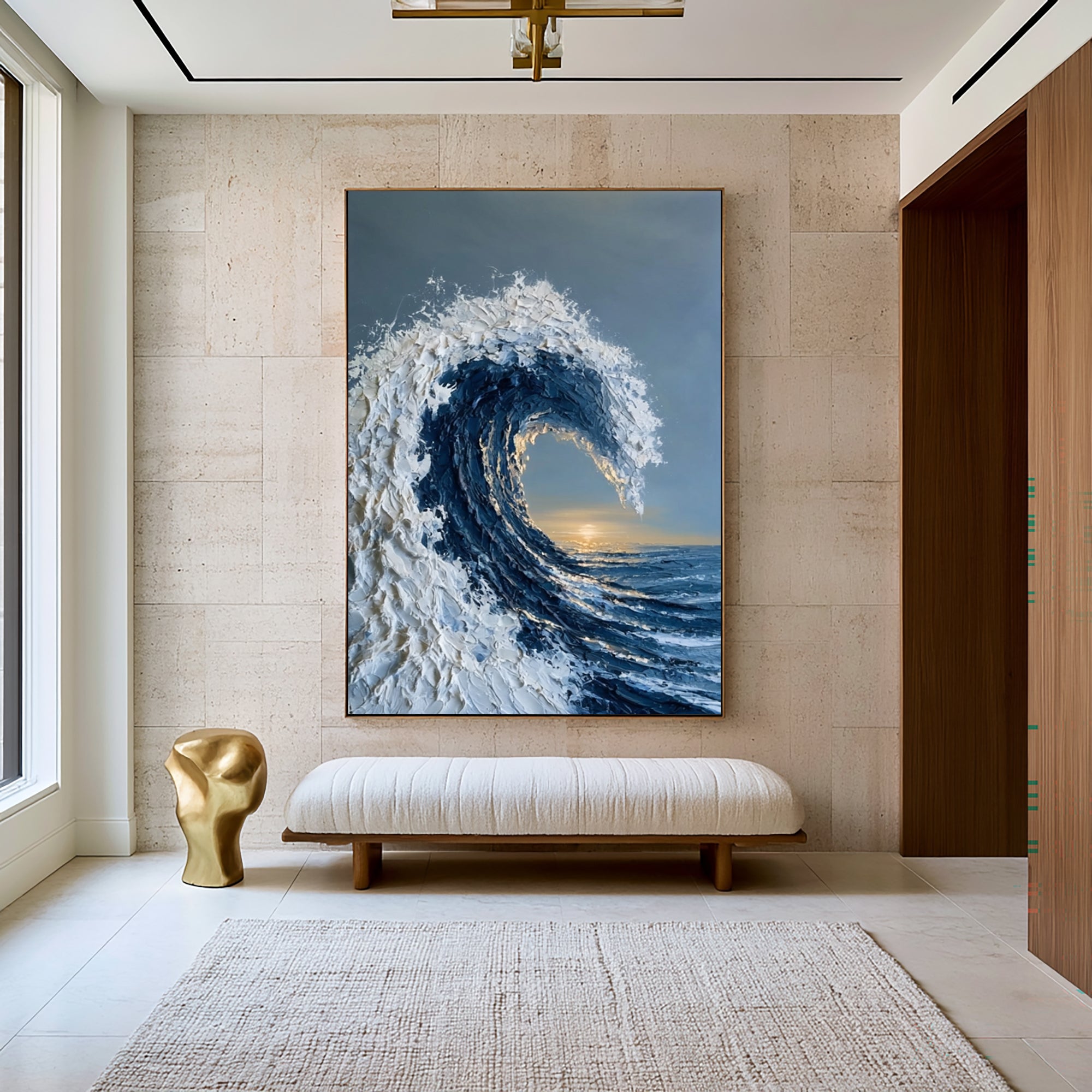 Large Textured Ocean Wave Wall Art Abstract Oil Painting Blue Sea Sunset Horizon Coastal Artwork Modern Home Interior Decor
