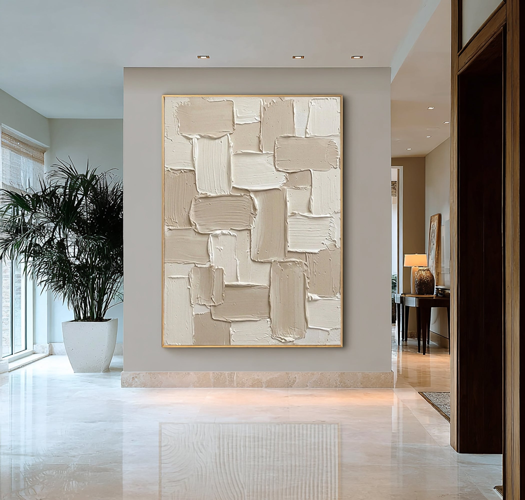 Large Handcrafted Cream Texture Canvas Art with Minimalist Geometric Design