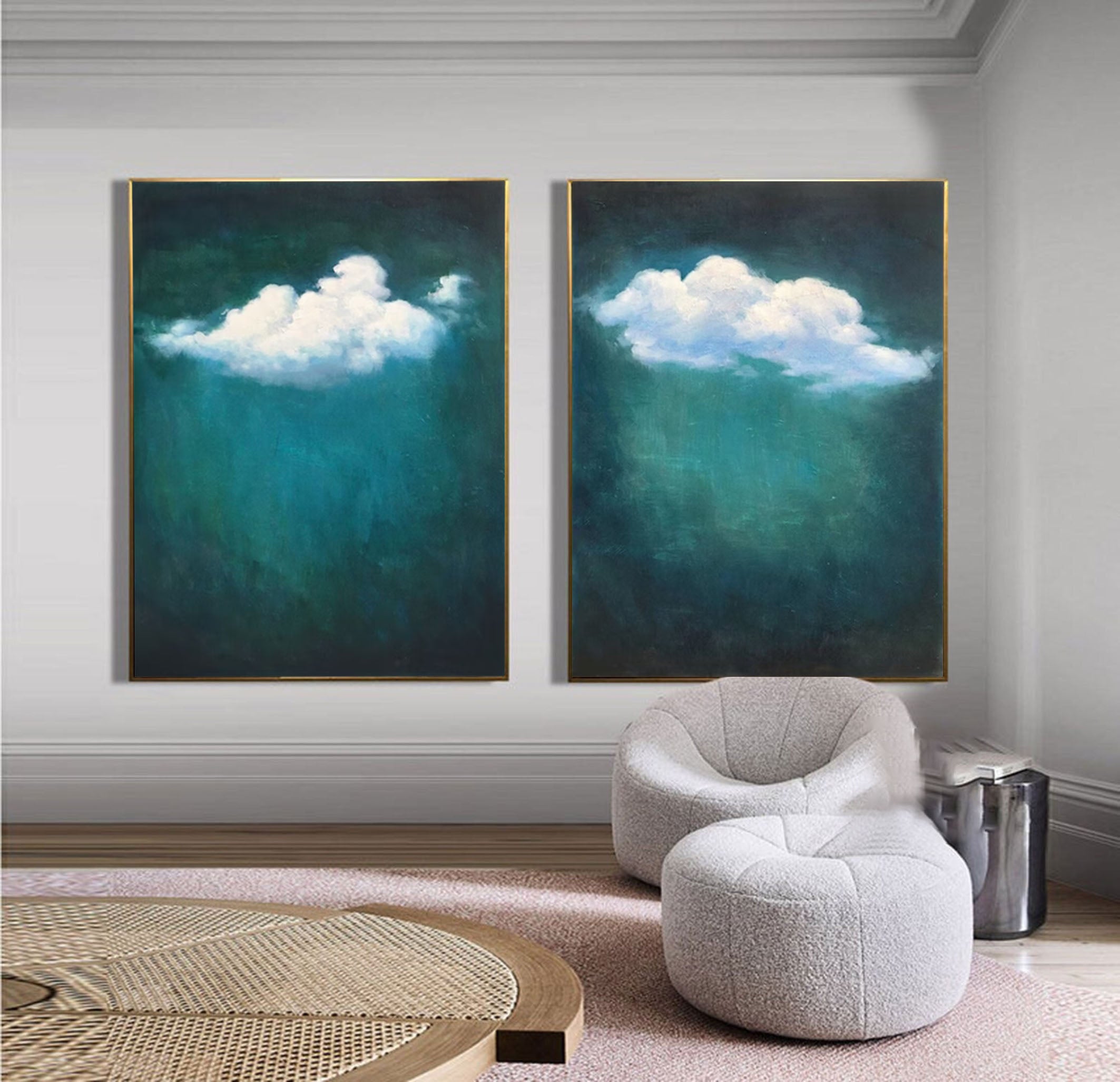 Teal Tranquility Cloud Paintings for Modern Home Decor Set Of 2 #OS 059