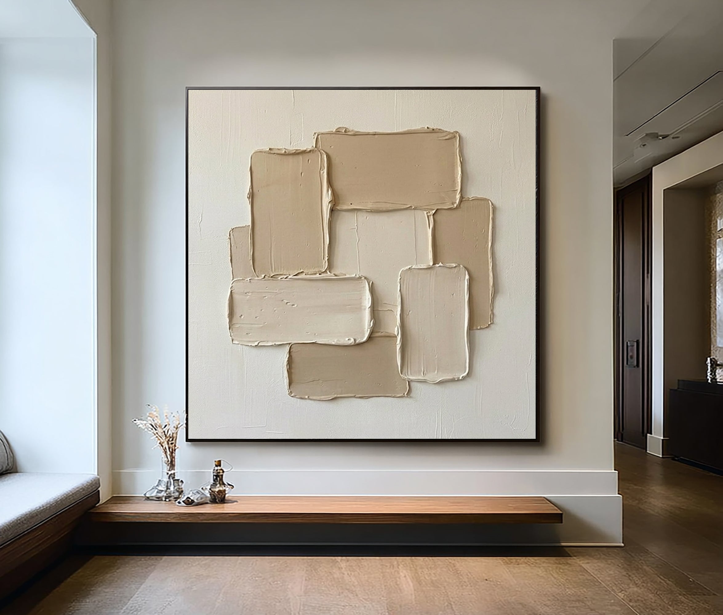 Large Contemporary Oil Painting in Beige and White with Abstract Textured Blocks 
