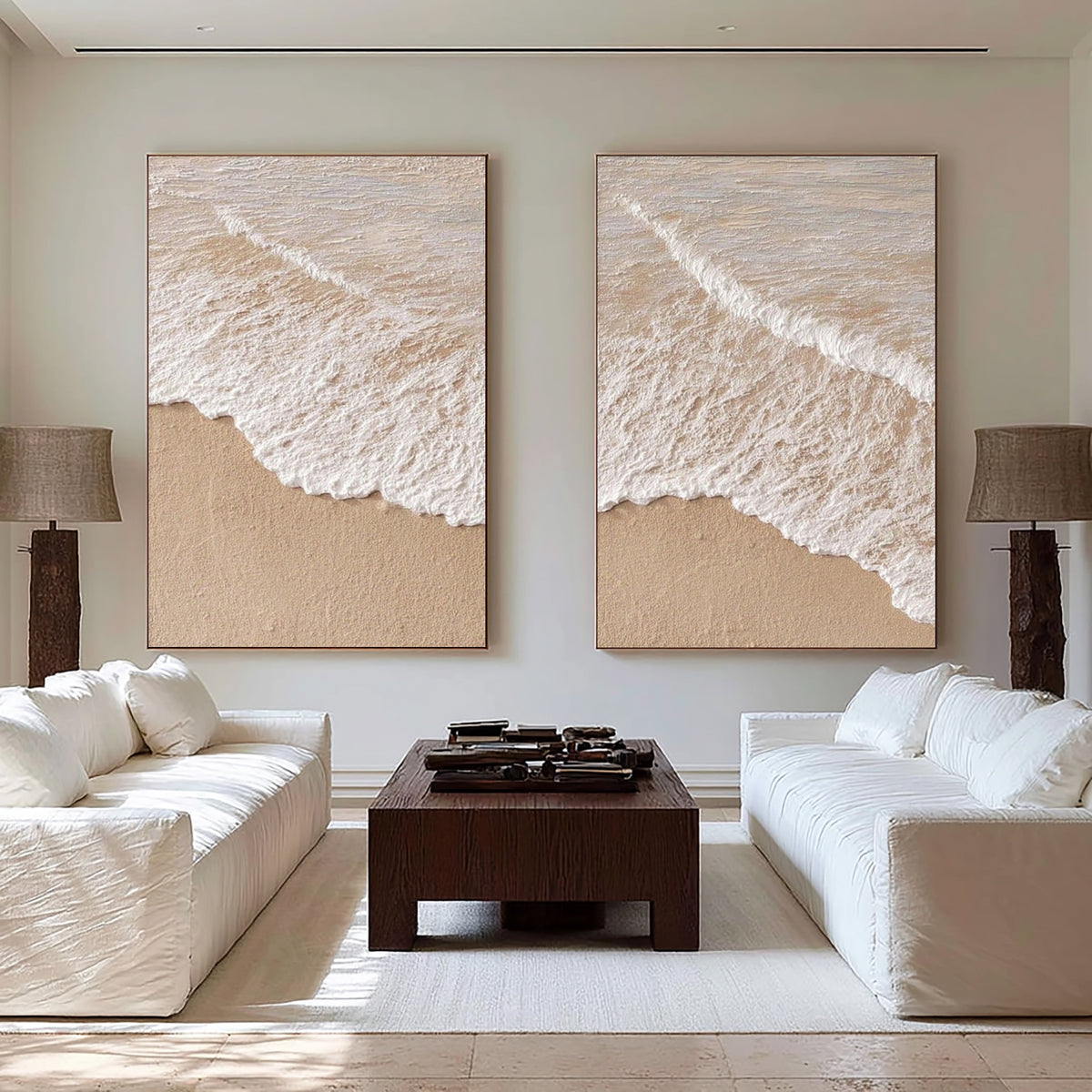 Large Modern Ocean Wave Diptych Wall Art Beige White Textured Oil Painting Coastal Seascape Two Piece Canvas Set Living Room Decor