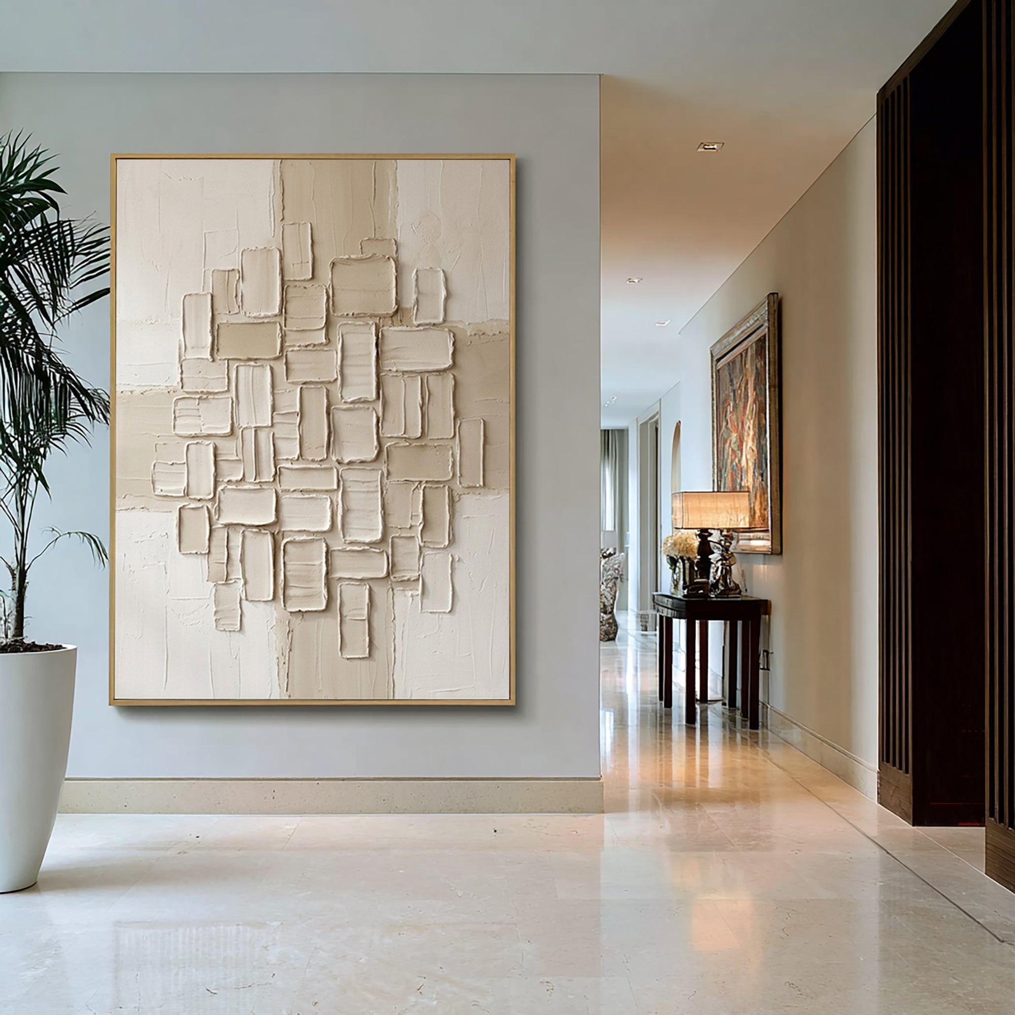 Large Hand-Painted Abstract Relief Wall Art in Ivory and Cream Tones