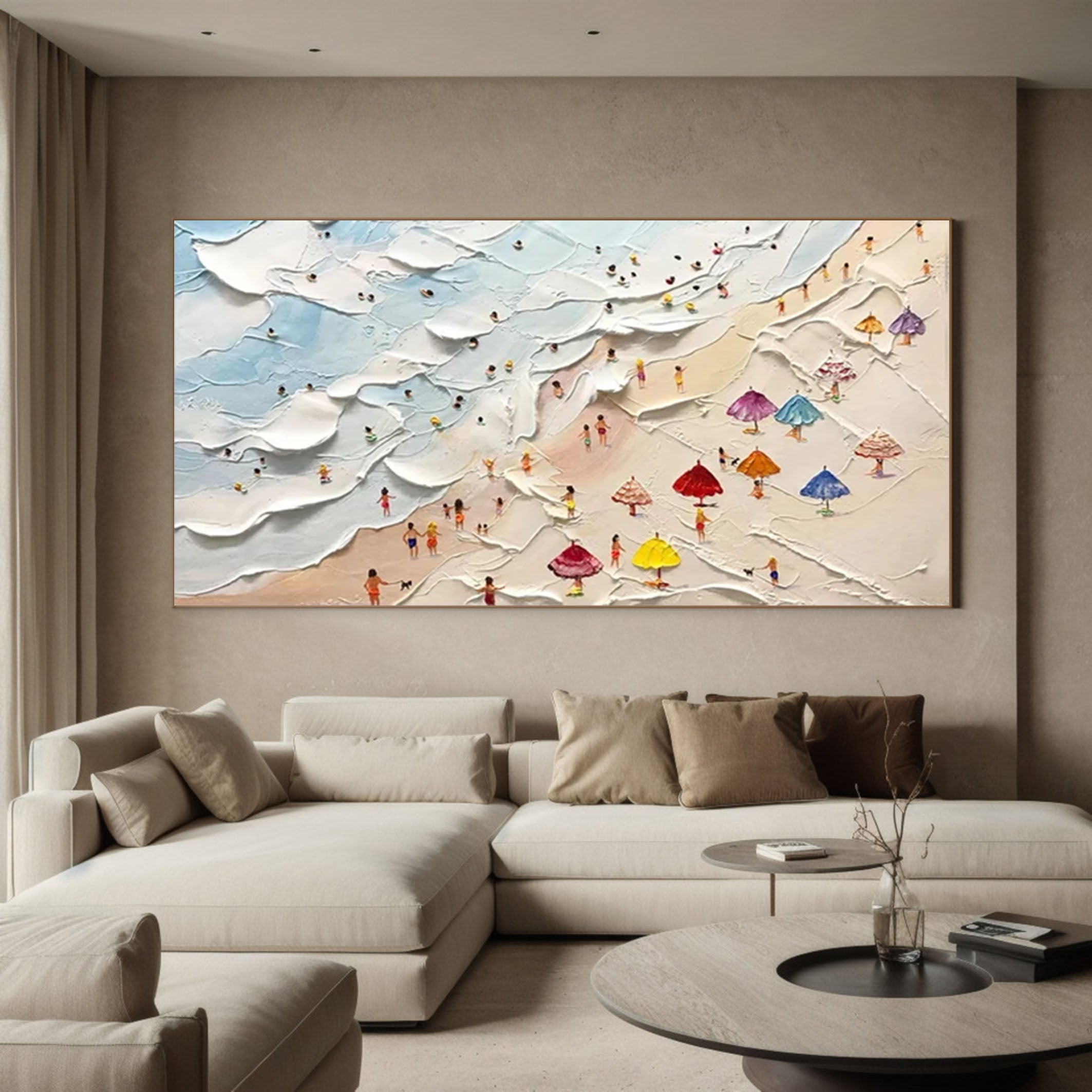 Sandy Stroll Large Textured Beach Scene with Colorful Umbrellas #OS 063