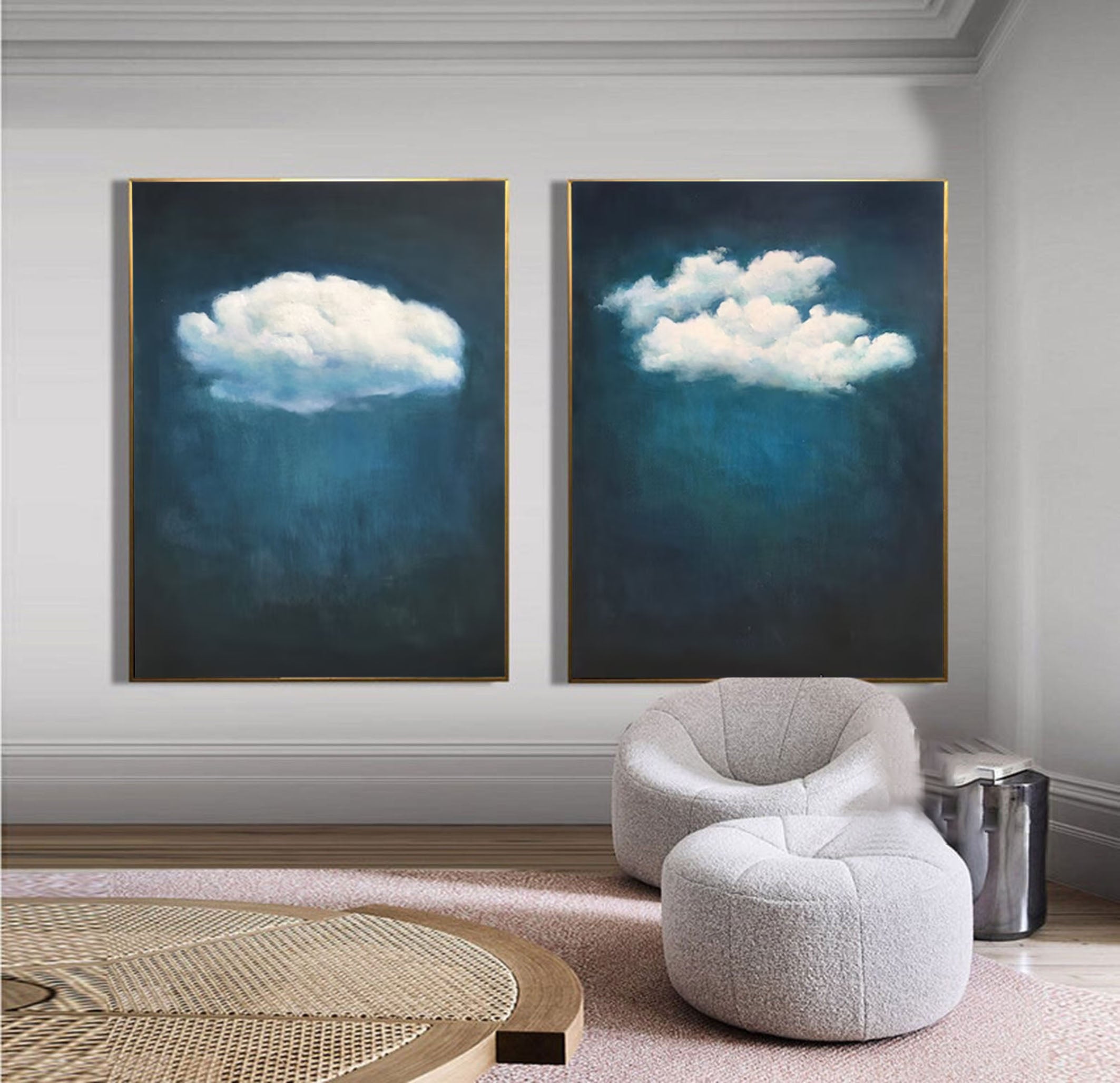 Teal Tranquility Cloud Paintings for Modern Home Decor Set Of 2 #OS 072