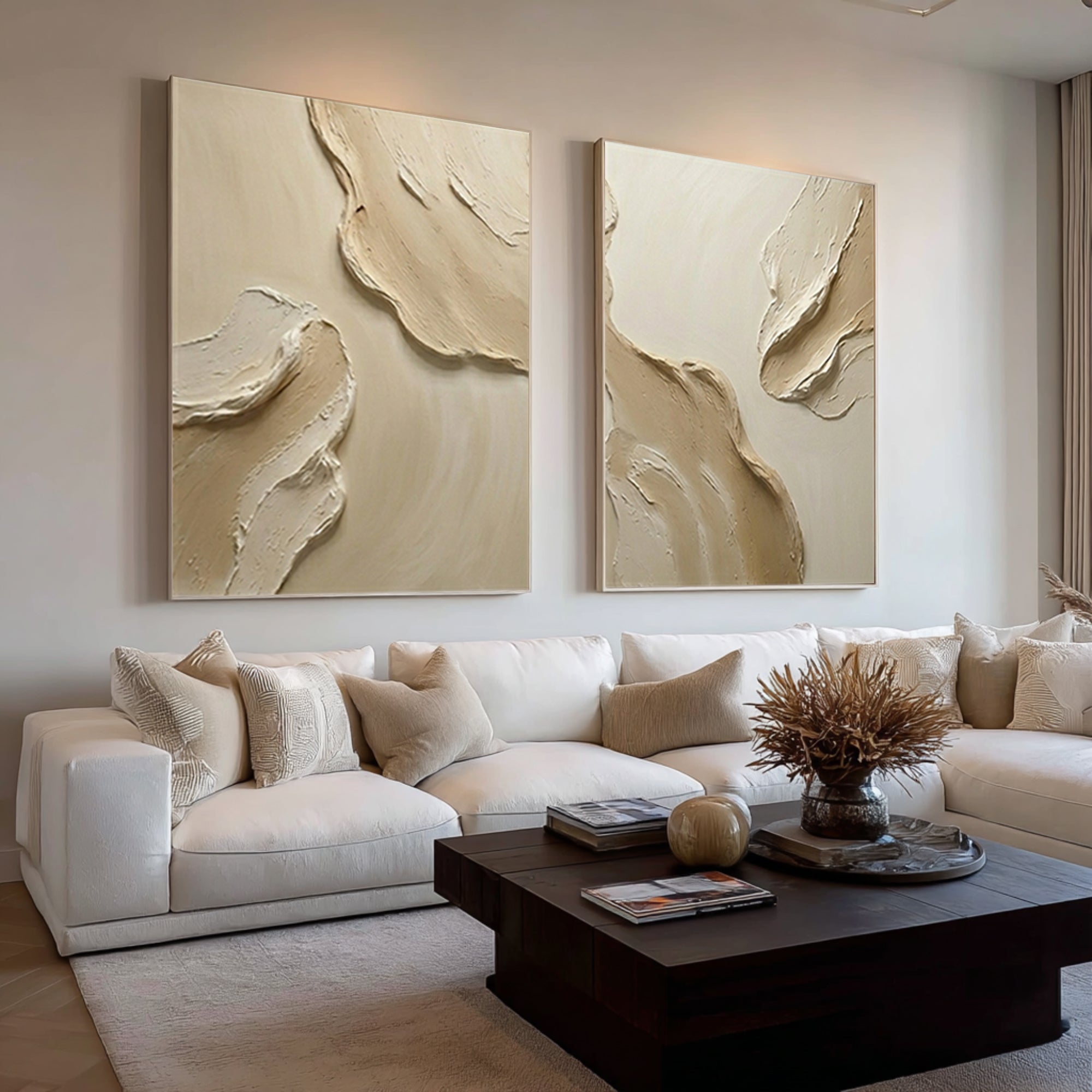 Large Hand Painted Textured Diptych Abstract Wall Art Neutral Tones | KeiraArt