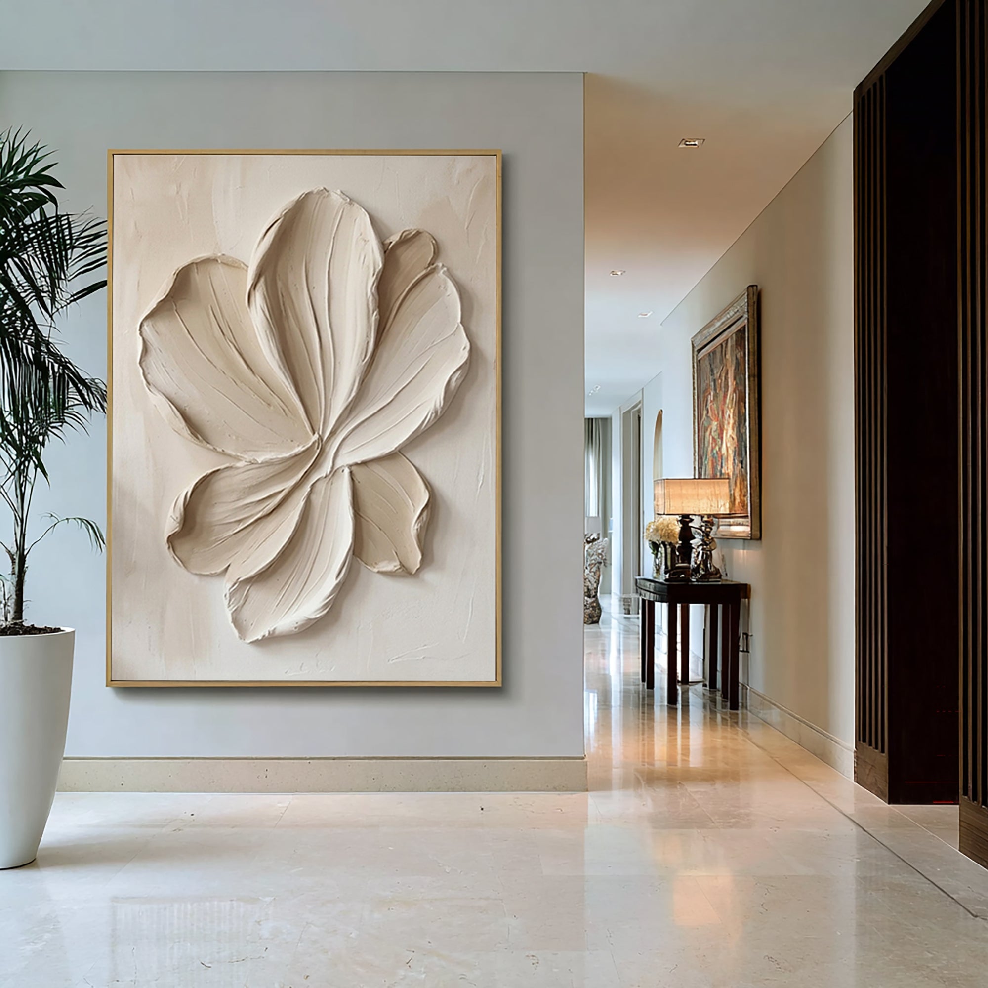 Large Beige Petal Relief Canvas Art Contemporary Neutral Wall Decor