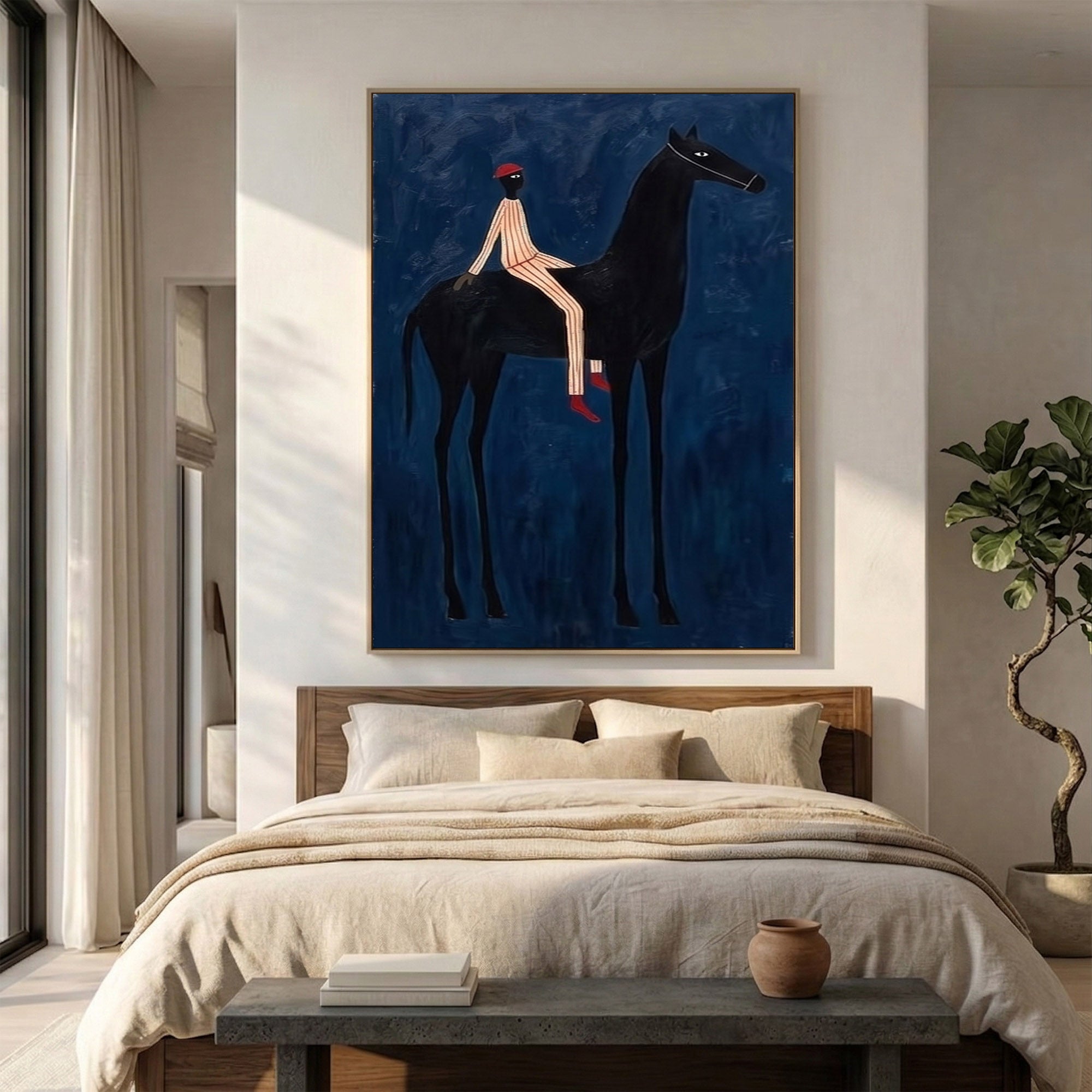 Large Midnight Cowboy Wall Art Modern Equestrian Painting