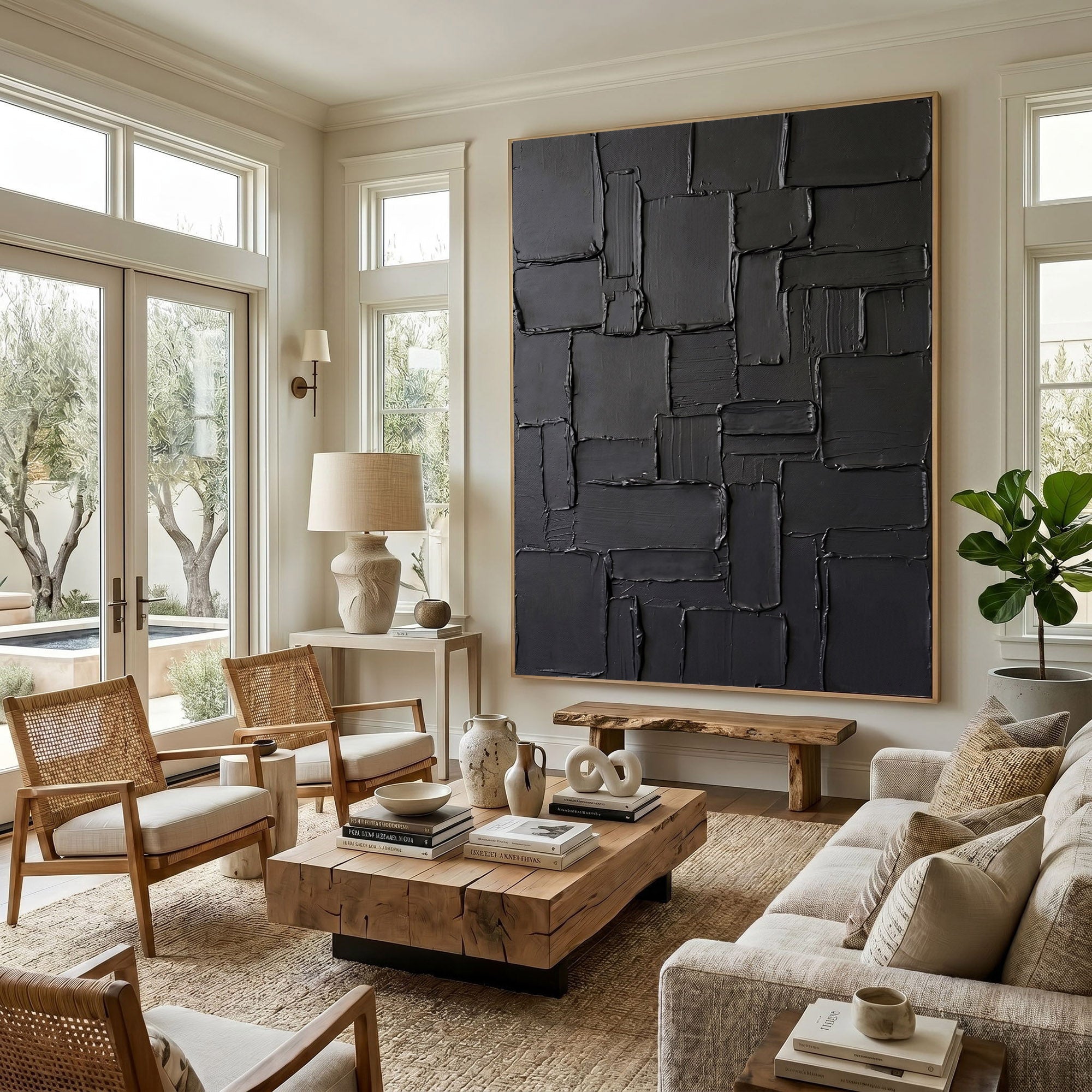Large Black Abstract Wall Art Geometric Textured Oil Painting Modern Impasto Contemporary Interior Decor