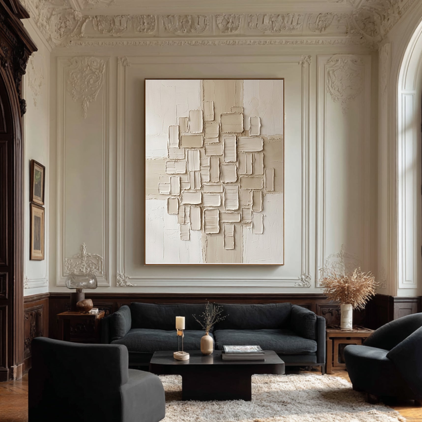 Large Hand-Painted Abstract Relief Wall Art in Ivory and Cream Tones