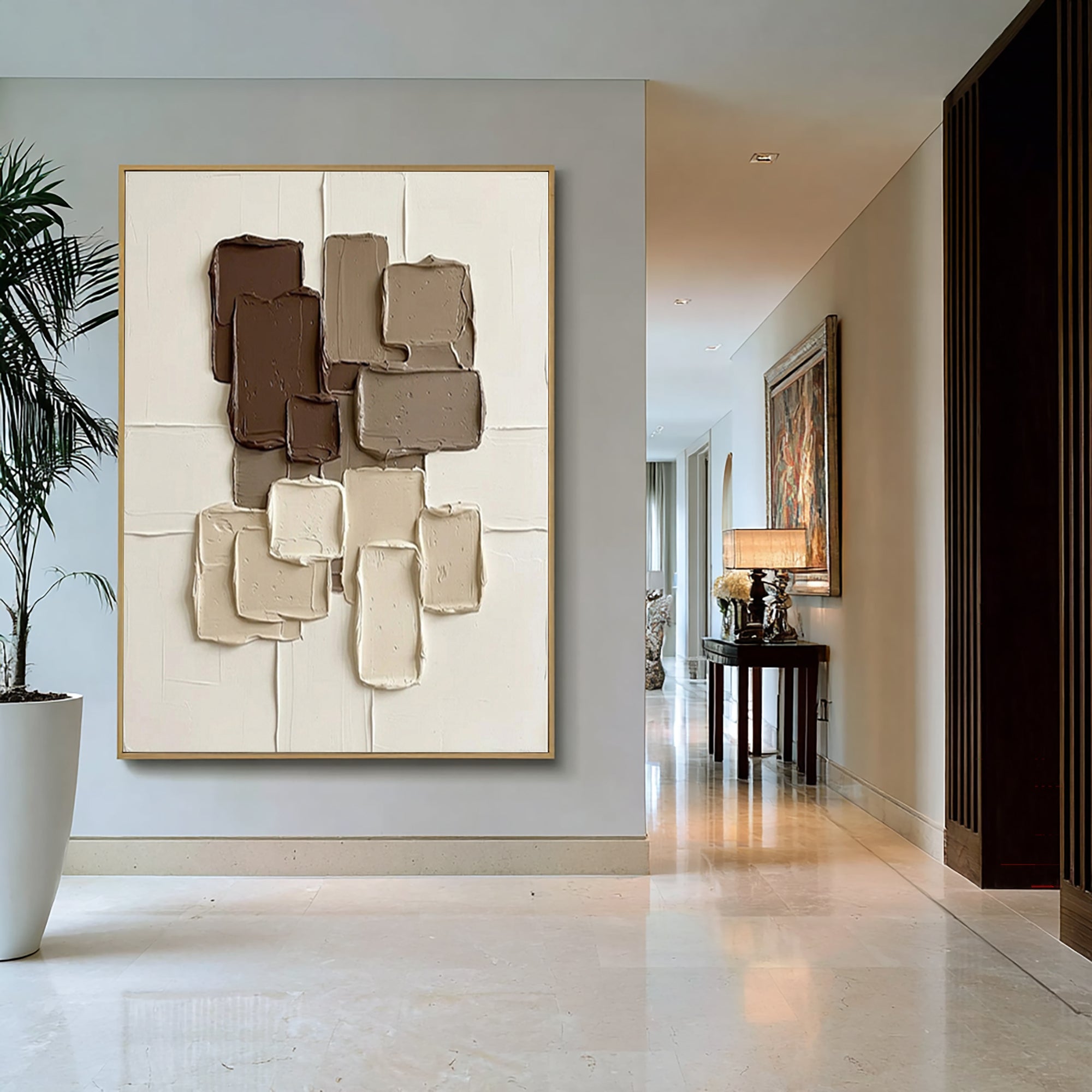 Large Coffee Brown Geometric Texture Canvas Art Contemporary Wall Decor 