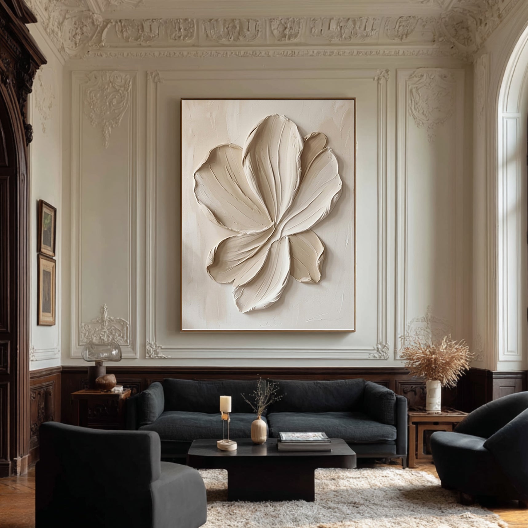 Large Beige Petal Relief Canvas Art Contemporary Neutral Wall Decor