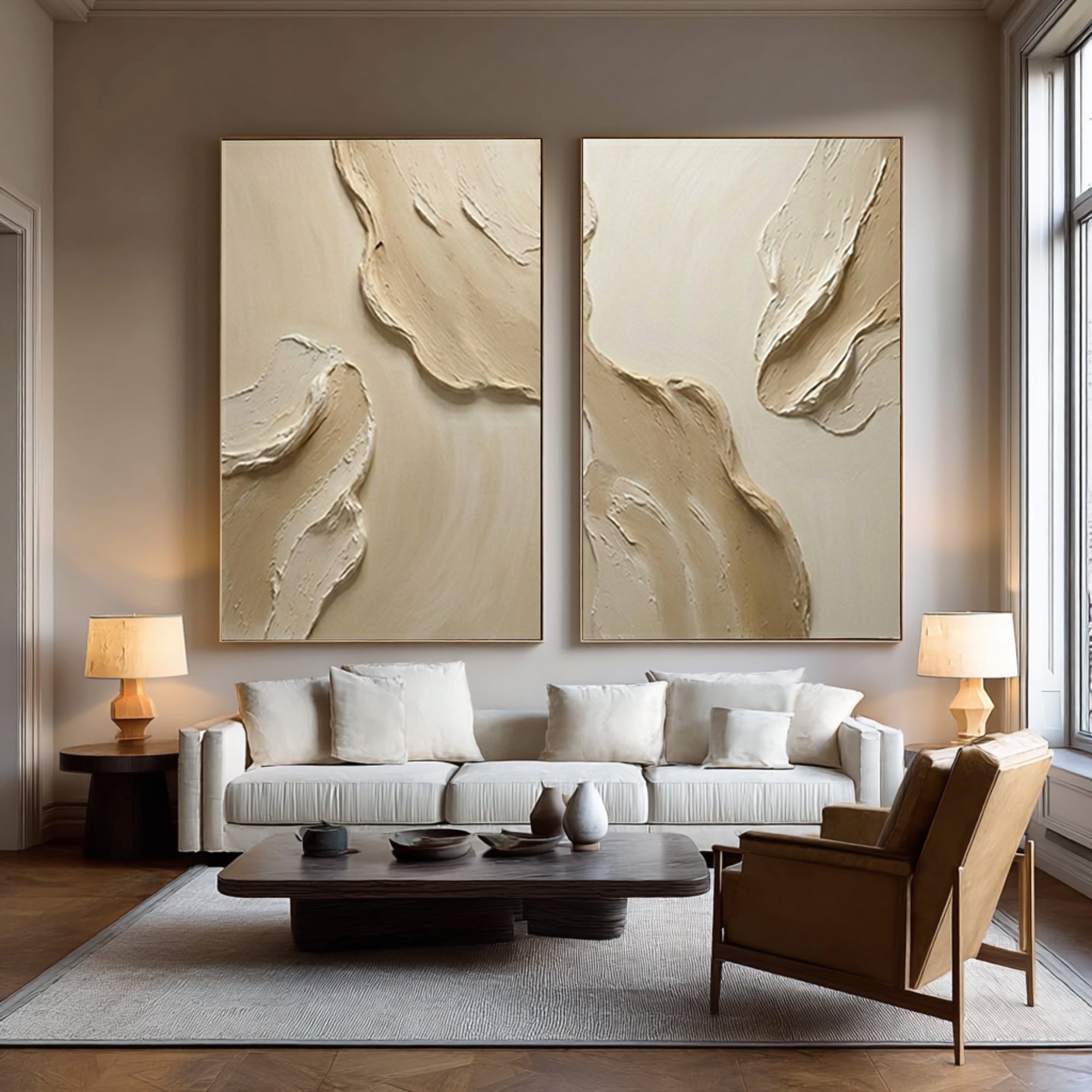 Large Beige Abstract Diptych Canvas Art #KAR 048