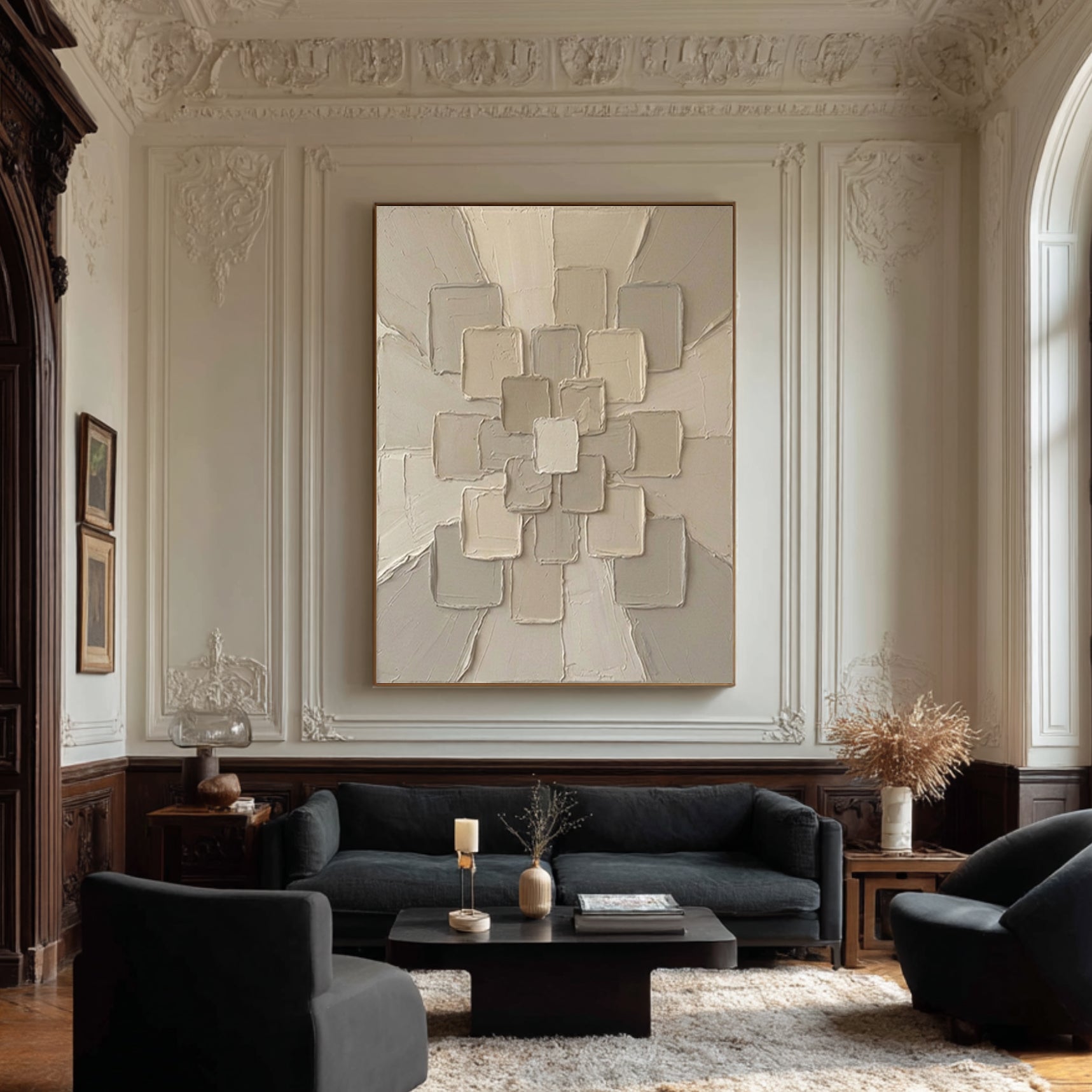 Large Beige Textured Canvas Art Contemporary Geometric Wall Decor 
