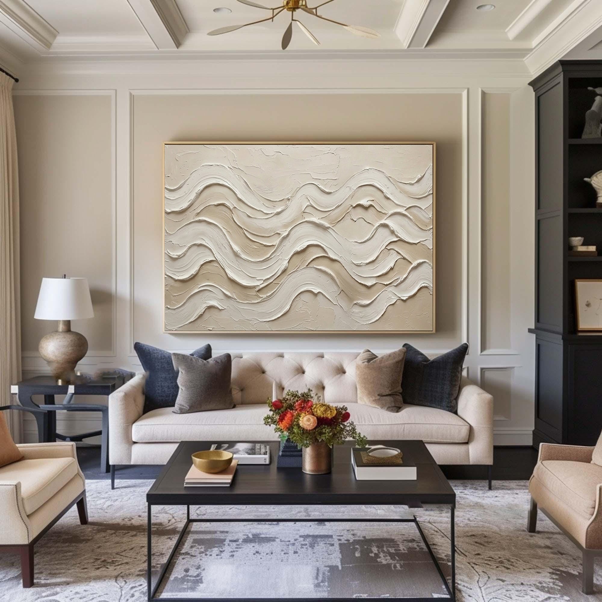 Large Neutral Textured Wall Art Modern Beige Wave Canvas Painting | KeiraArt 
