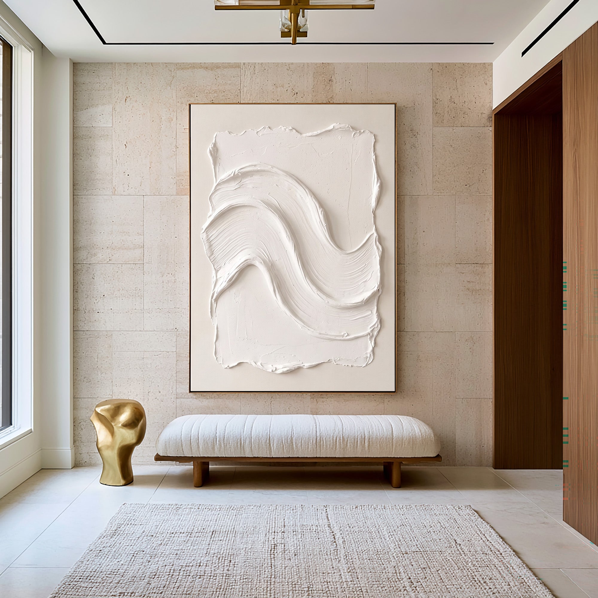 Large Minimalist White Wall Art Textured Oil Painting Abstract Wave Relief Artwork Modern Neutral Interior Decor