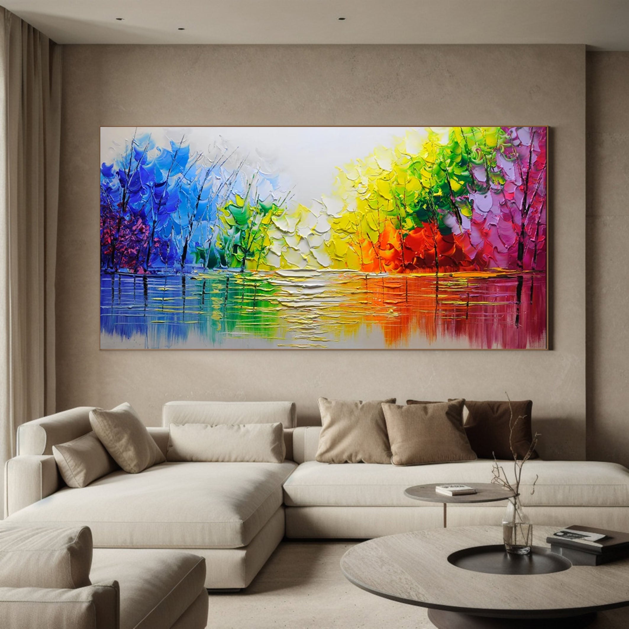 Autumn Romance Vibrant Colorful Tree and River Landscape Painting #FT 048