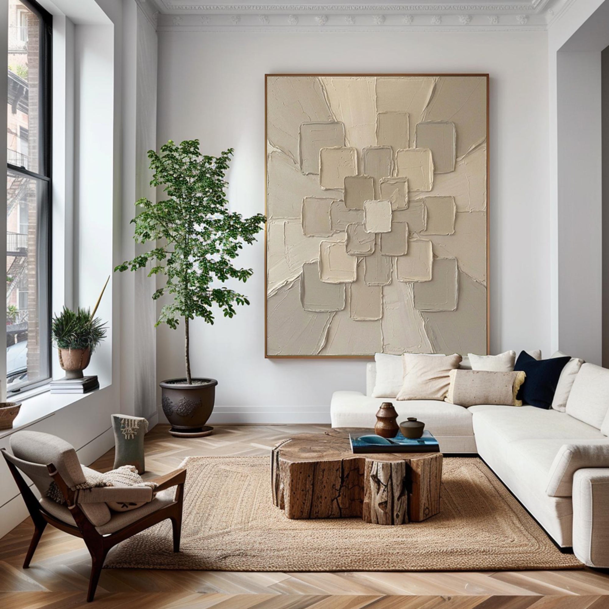 Large Beige Textured Canvas Art Contemporary Geometric Wall Decor 
