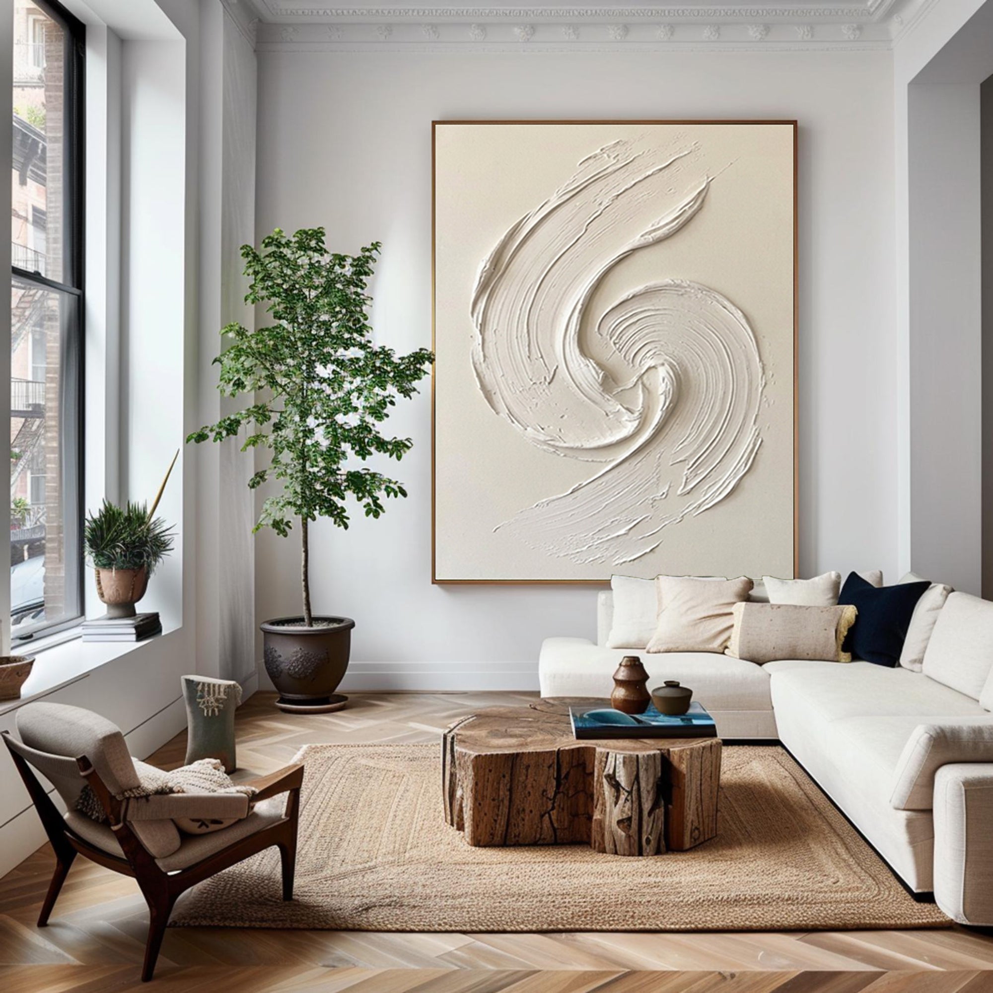 Large Sculptural White Relief Wall Art Handmade Texture Canvas 