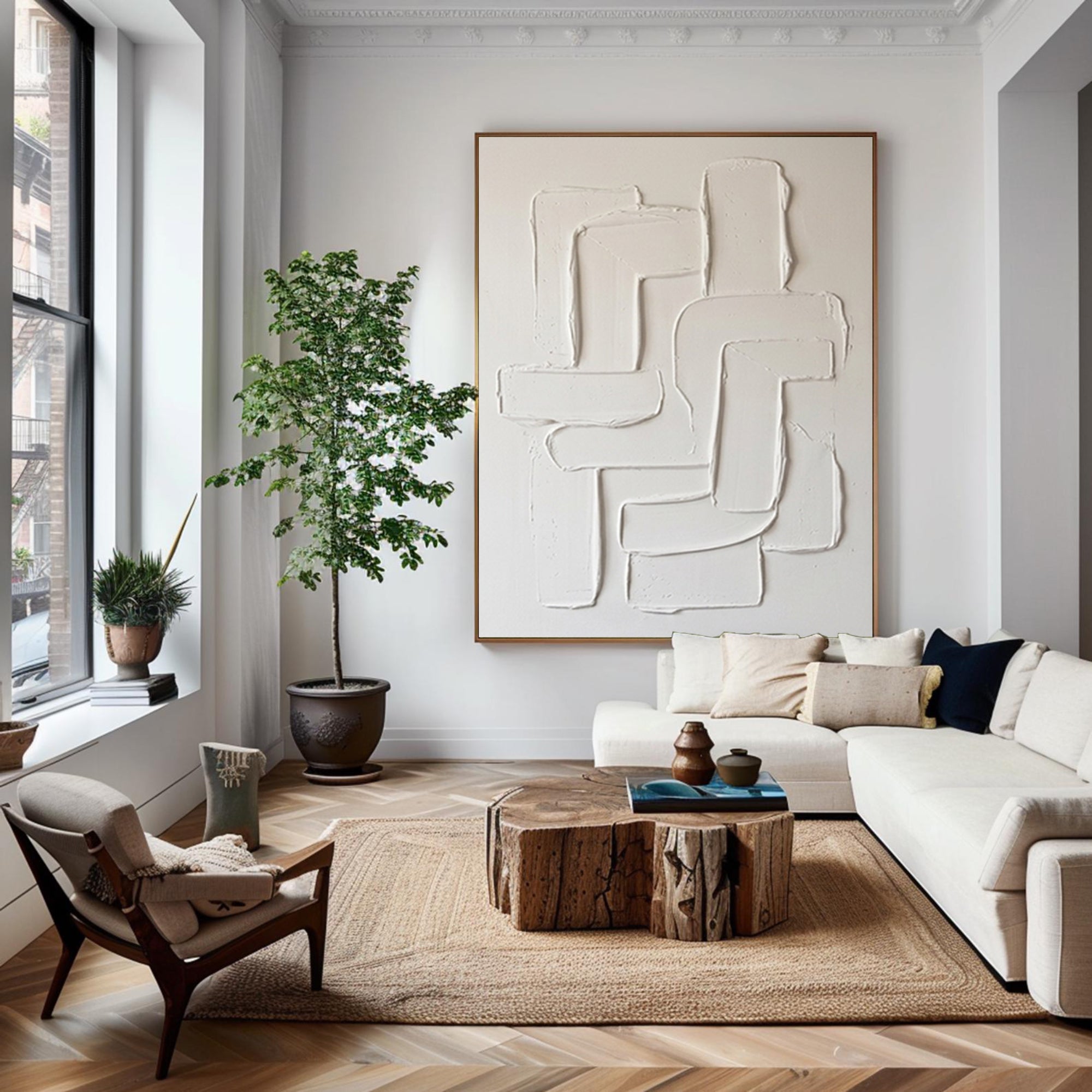 Large Neutral Textured Canvas Art Contemporary Sculptural Wall Decor