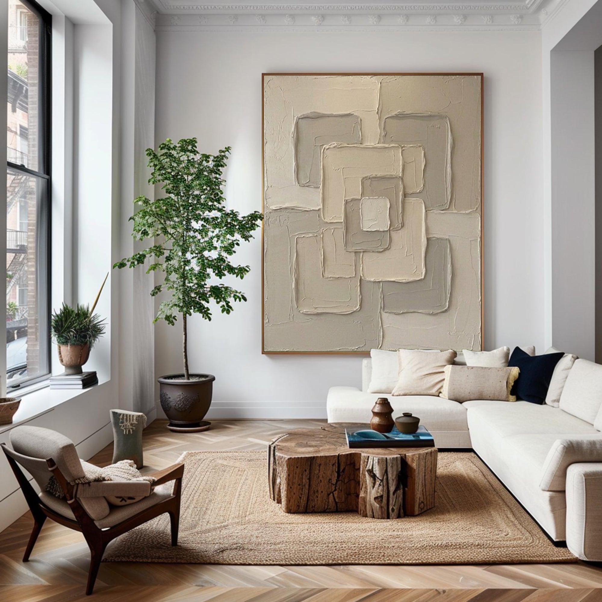 Large Beige Textured Canvas Art Modern Geometric Wall Decor 