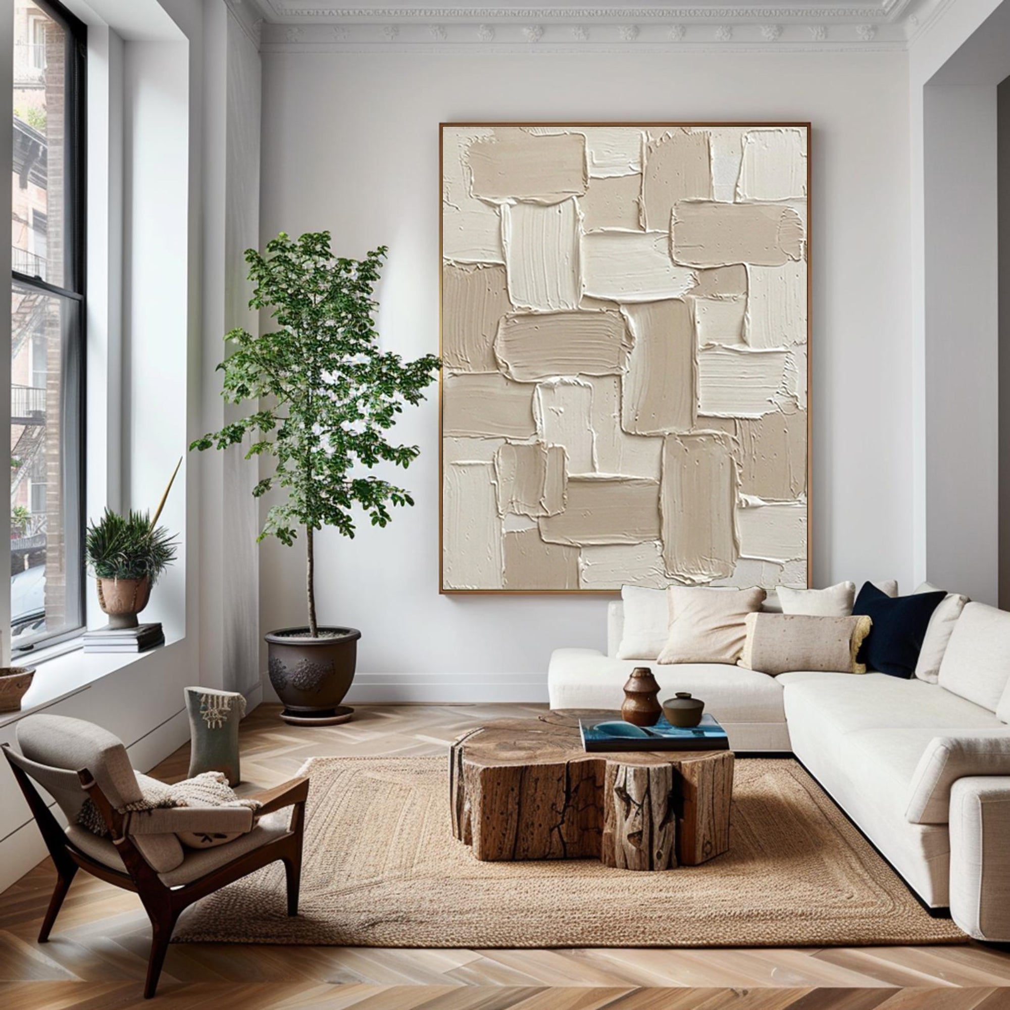 Large Handcrafted Cream Texture Canvas Art with Minimalist Geometric Design