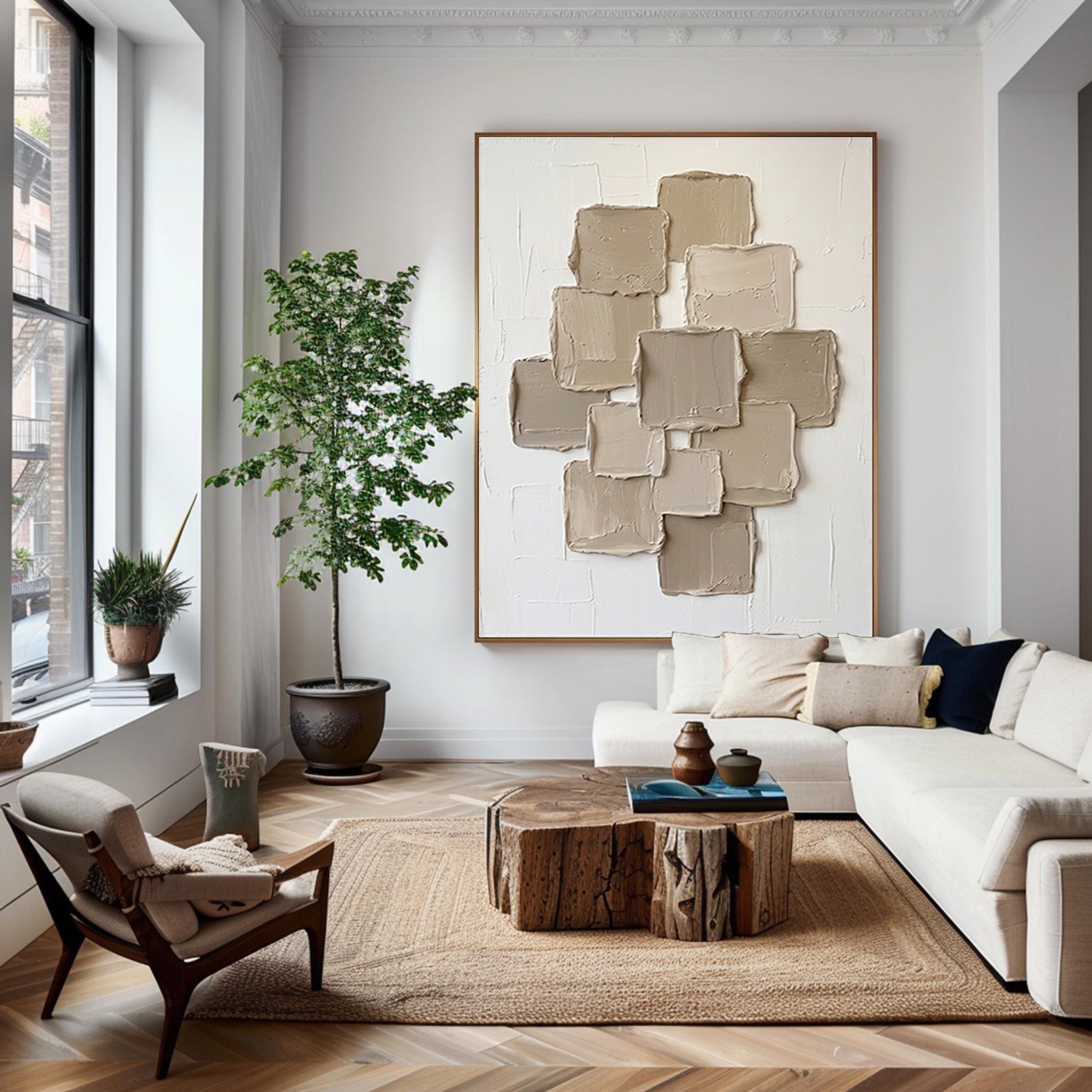  Large Neutral Cluster Textured Canvas Art Minimalist Architectural Wall Decor