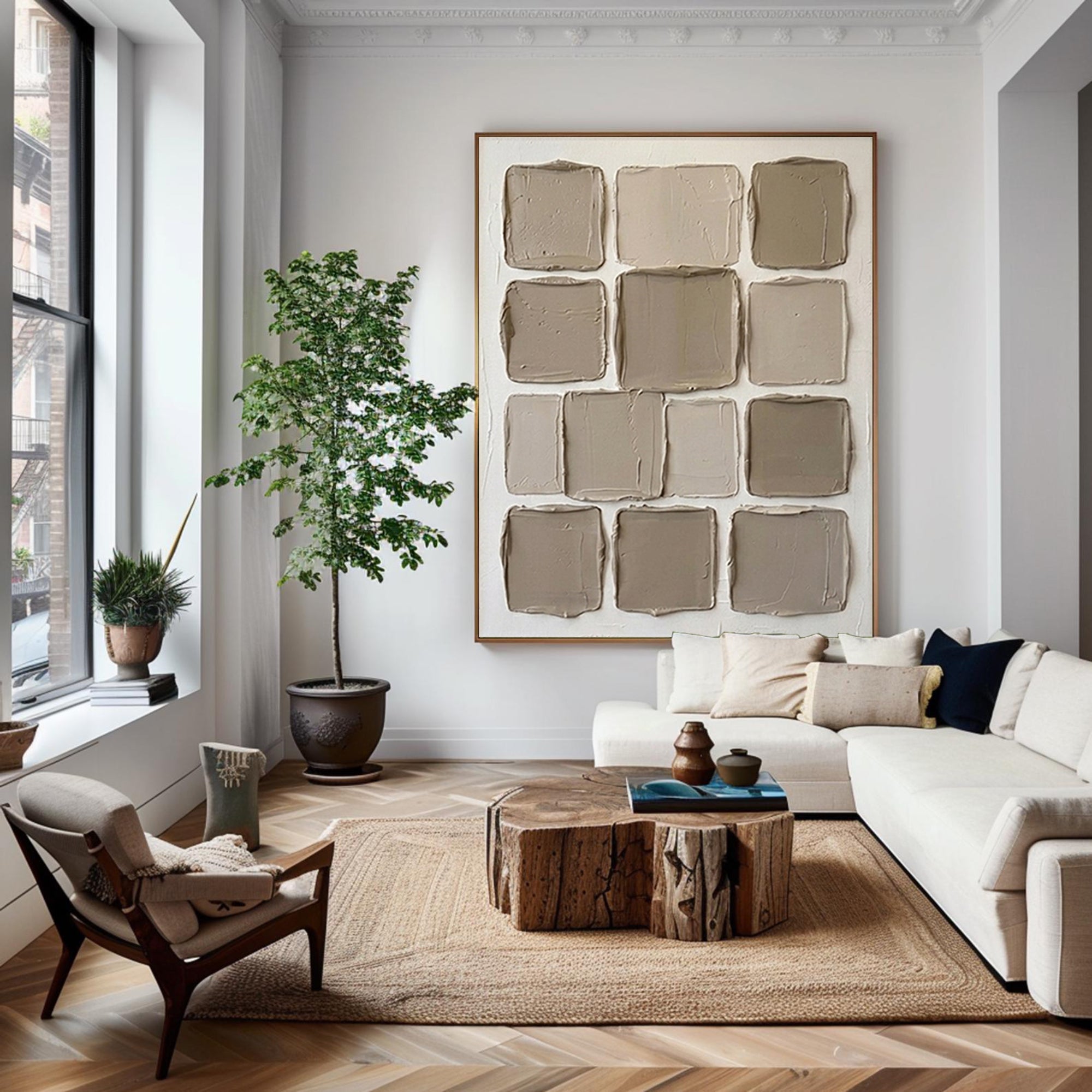 Large Neutral Textured Canvas Art Minimalist Geometric Wall Painting 