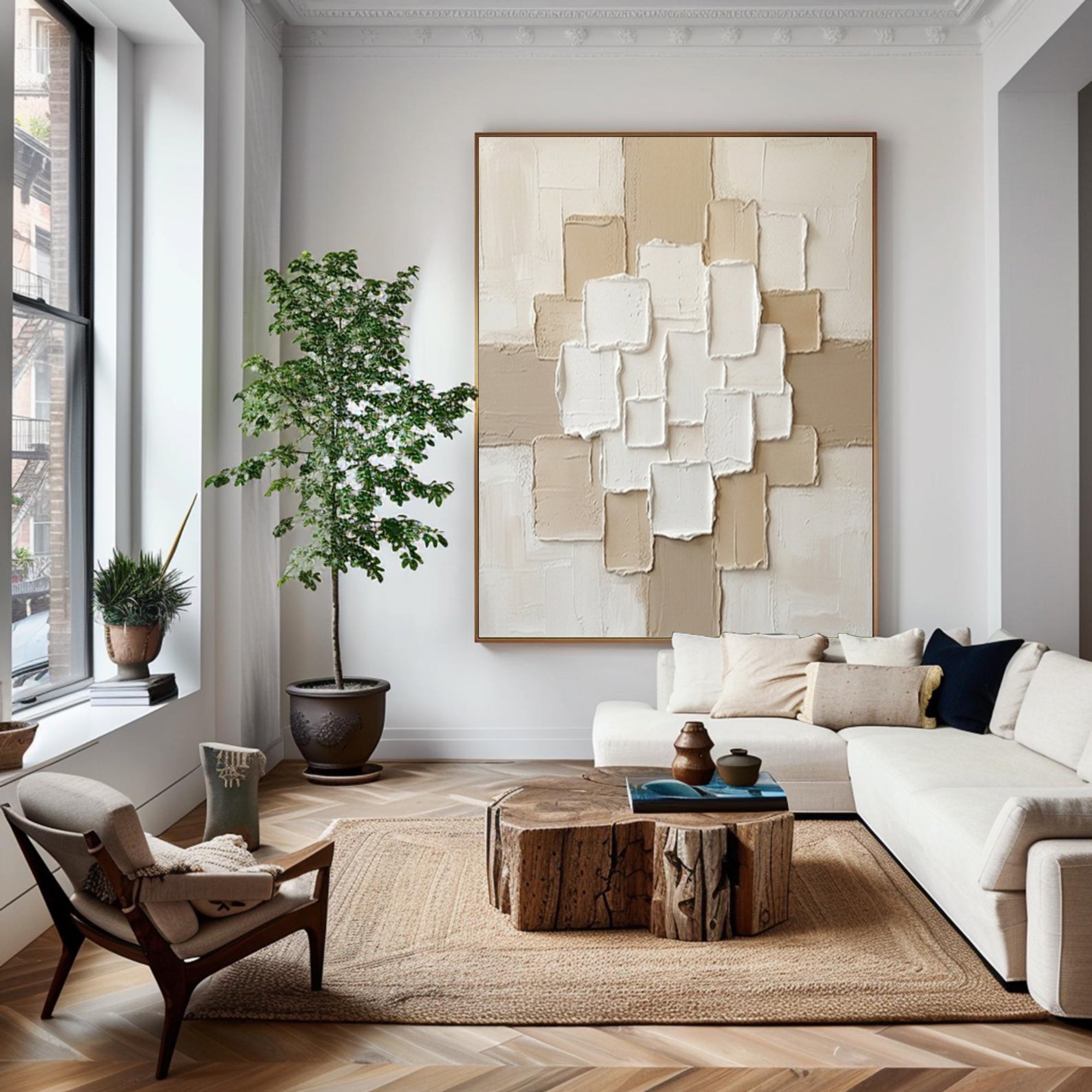 Large Beige Composition Textured Canvas Art Modern Neutral Wall Decor