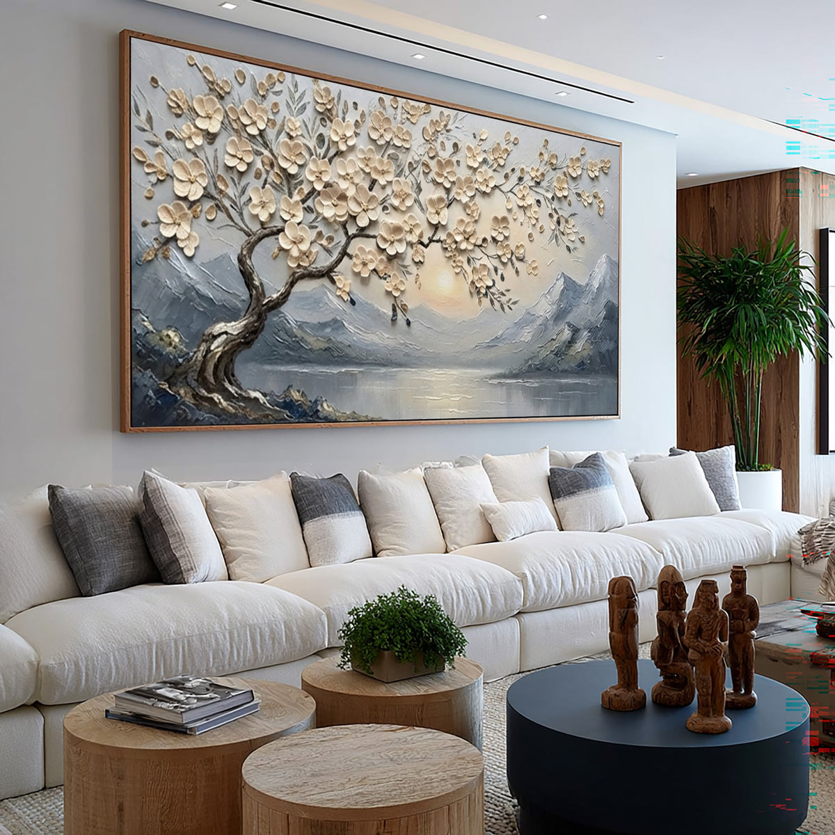 Large Textured Blossom Tree Painting Peaceful Mountain Lake Wall Art