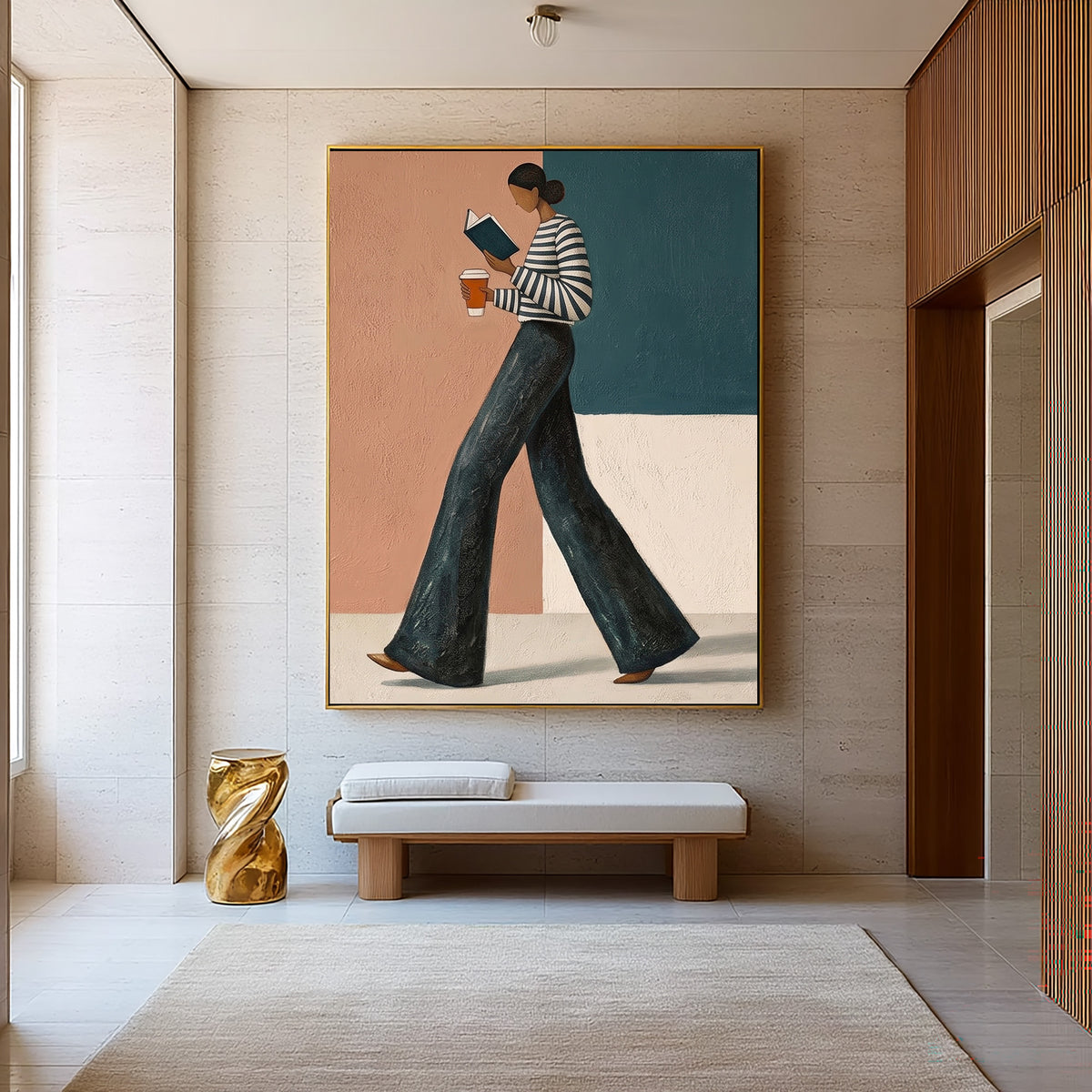 Contemporary Female Figure Painting Striped Shirt Coffee Wall Art