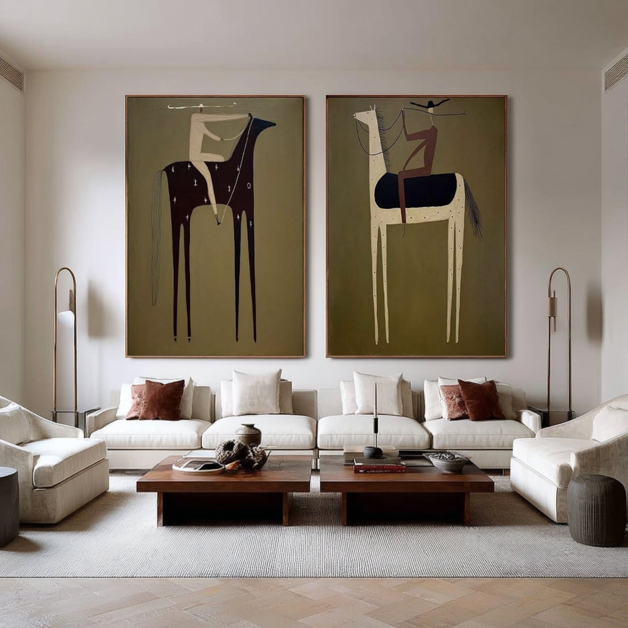 Large Olive Green Horse Wall Art Contemporary Equestrian Diptych | KeiraArt 