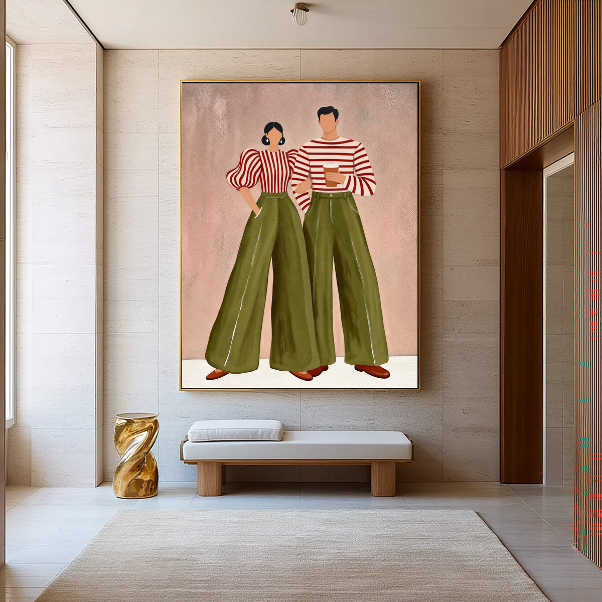 Olive Green Blush Pink Couple Painting Modern Wall Art