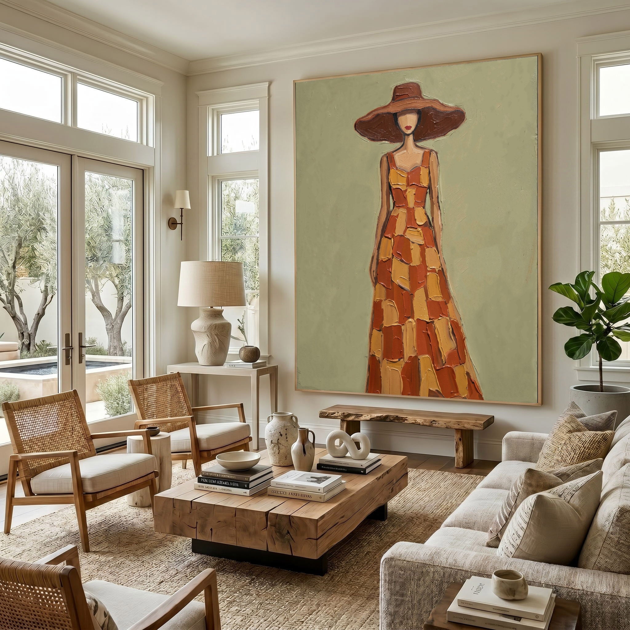 Large Modern Woman Portrait Wall Art Abstract Oil Painting Cowgirl Cowboy Vintage Americana Art Western Ranch Style Decor