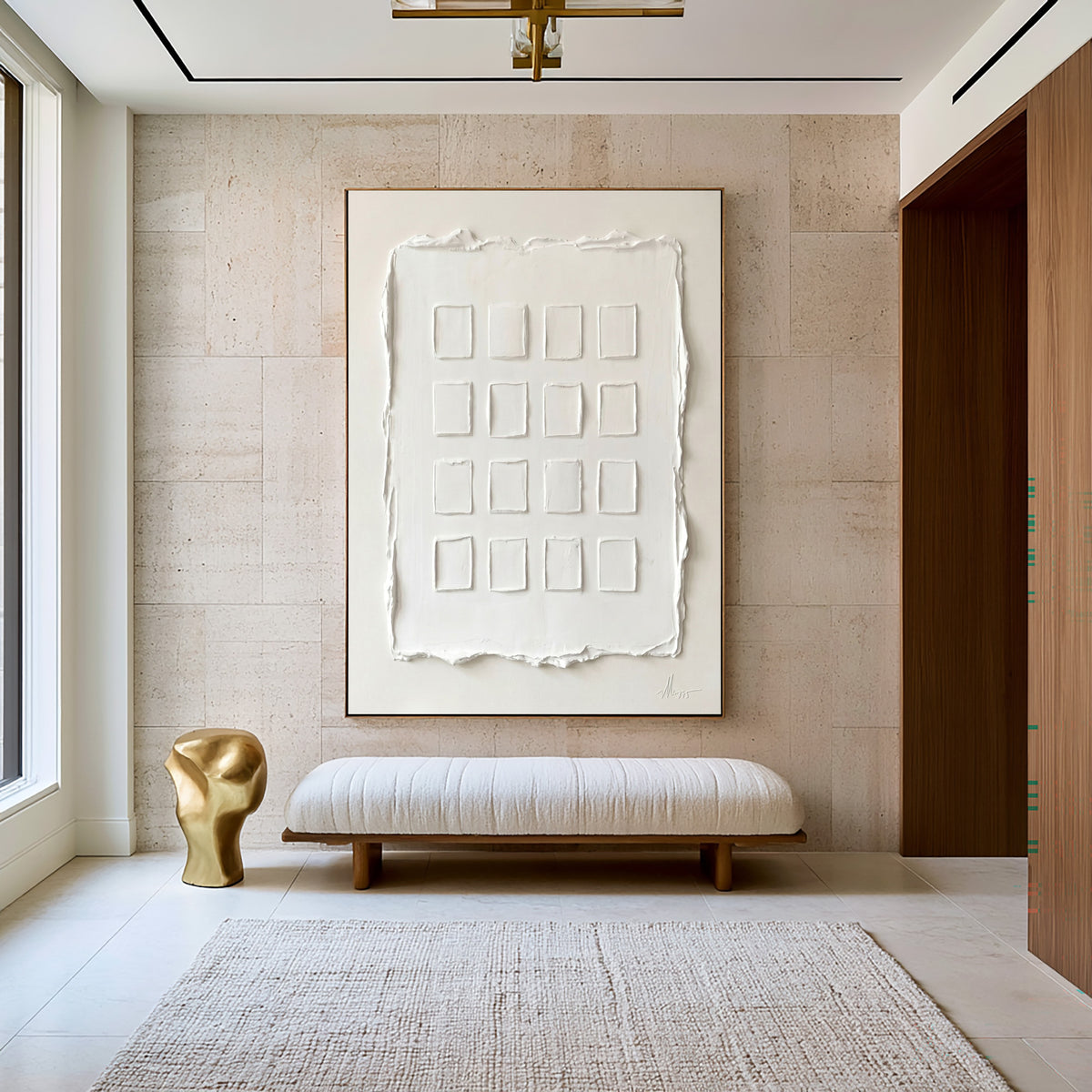 Large Minimal Geometric Relief Wall Art Ivory White Textured Abstract Painting Modern Home Decor